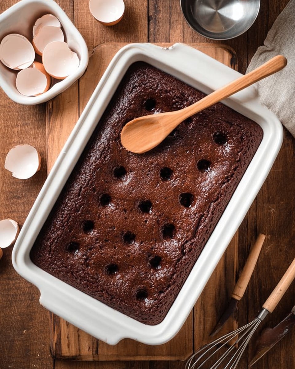 A freshly baked rectangular chocolate cake sits inside a white ceramic baking dish placed on a wooden surface. The cake has a dark brown, moist texture with multiple evenly spaced holes poked on the top layer. A wooden spoon rests inside one of the holes, its handle extending outward. Around the dish are cracked eggshells in a white container on the upper left, a small metal bowl to the upper right, and two metal beaters with wooden handles on the lower right. The setting has a warm and cozy kitchen feel. Photo taken with an iphone --ar 4:5 --v 7