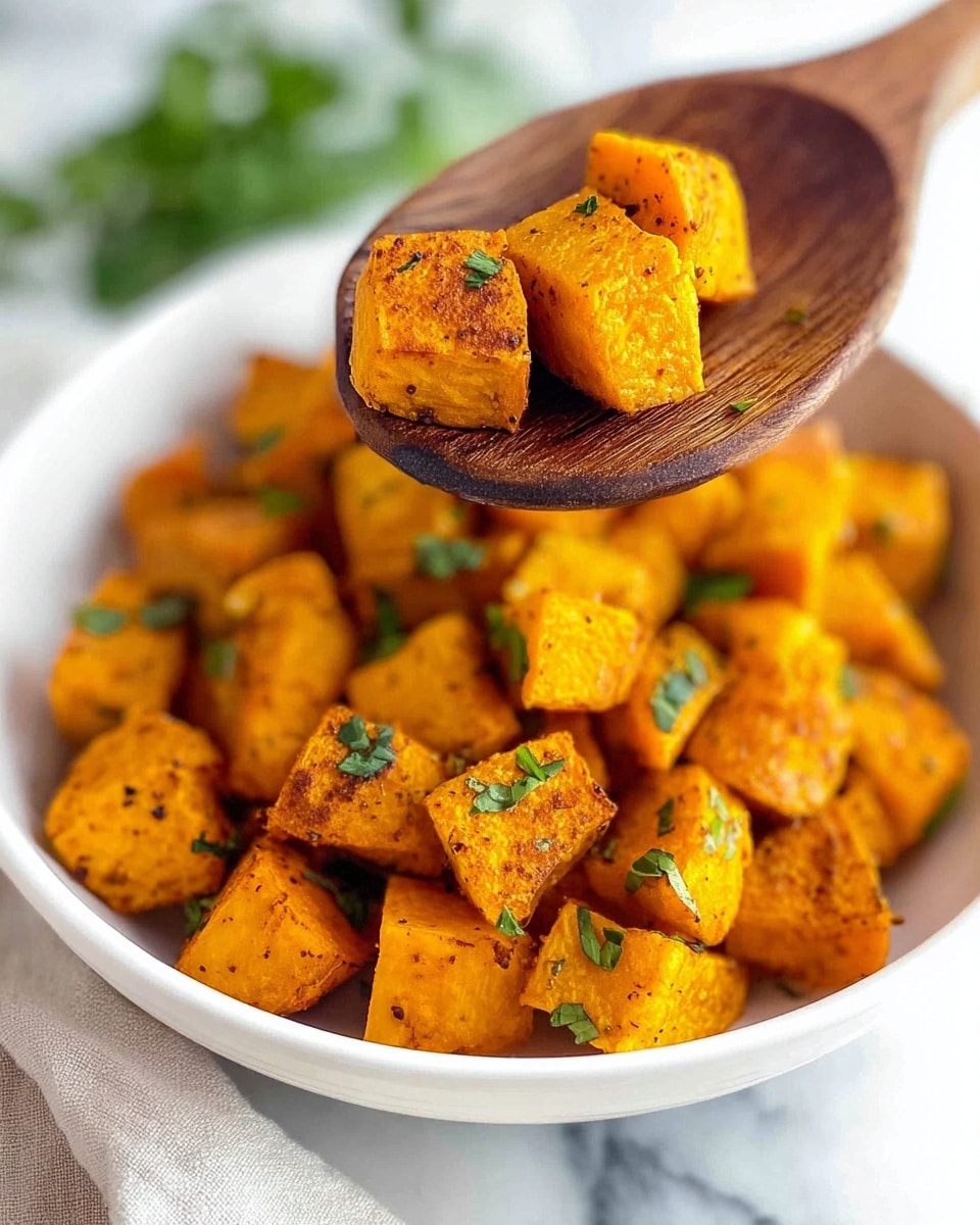 The image shows a white bowl filled with small cubes of roasted sweet potatoes that have a warm orange color with a slightly crispy, textured surface. The cubes are sprinkled with fresh green herb leaves scattered on top for contrast. A wooden spoon holds several pieces above the bowl, highlighting their golden-brown edges and soft insides. The background and surface are white marble, with a blurred hint of green herbs in the top corner, making the bright orange and green colors stand out clearly. Photo taken with an iphone --ar 4:5 --v 7