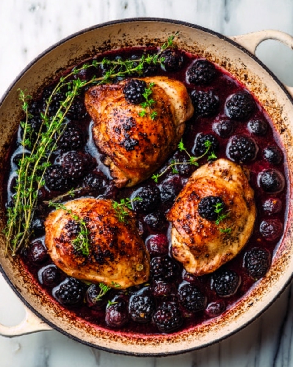 The image shows a white round pan filled with three cooked chicken pieces, each piece golden brown with slightly charred spots and topped with small dark berries and green herbs. The chicken rests on a deep reddish-purple sauce mixed with whole blackberries scattered across the pan. Fresh thyme sprigs are placed around the chicken, adding a touch of green. The pan is set on a white marbled surface. Photo taken with an iphone --ar 4:5 --v 7