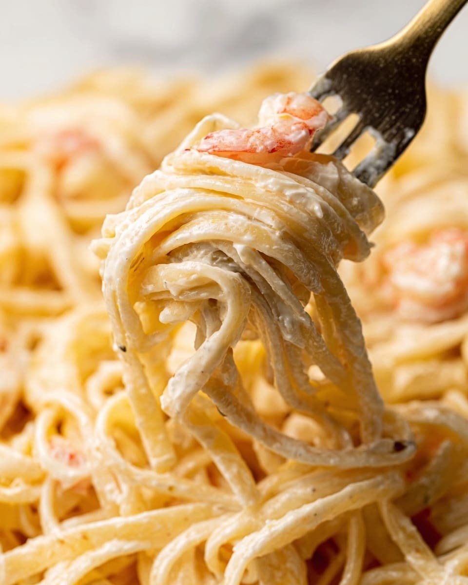 A white bowl filled with creamy white pasta coated in a smooth sauce, with round, pink shrimp scattered on top and mixed in. The pasta strands look soft and slightly shiny, covered by the sauce. There are small green herb pieces sprinkled evenly on the pasta and shrimp, adding a touch of color. A silver fork sits in the bowl, resting on the side above the food. The bowl is on a white marbled surface. photo taken with an iphone --ar 4:5 --v 7