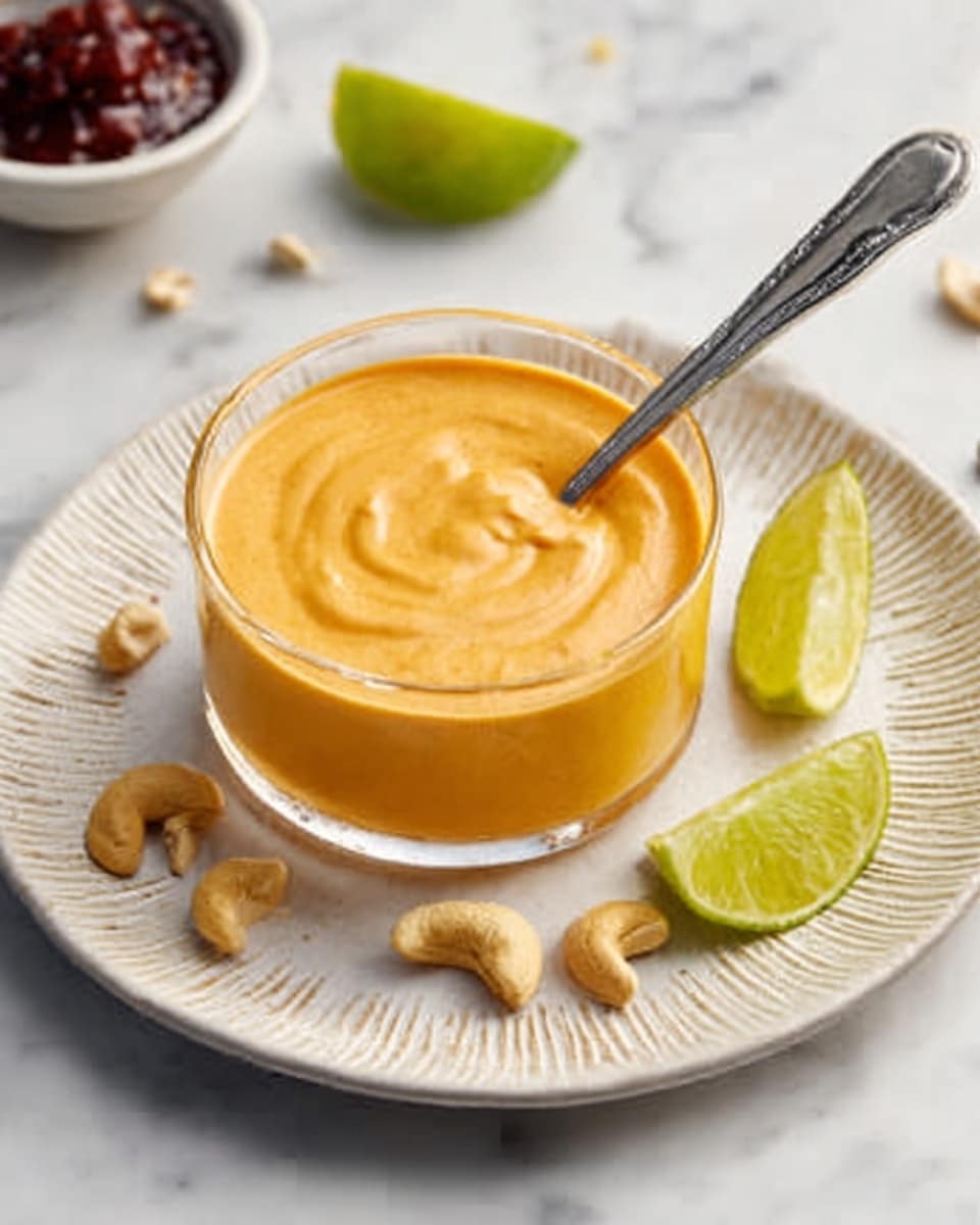 A clear glass bowl holding smooth, thick, creamy orange sauce sits in the center of a white round plate with a textured rim, on a white marbled surface. A spoon is placed upright inside the bowl, its silver handle shining softly. Around the plate, there are a few lime wedges with bright green skin and pale green flesh, and scattered raw cashew nuts, light beige in color with a curved shape. In the background, a small bowl with chunky, dark red sauce is faintly visible. photo taken with an iphone --ar 4:5 --v 7