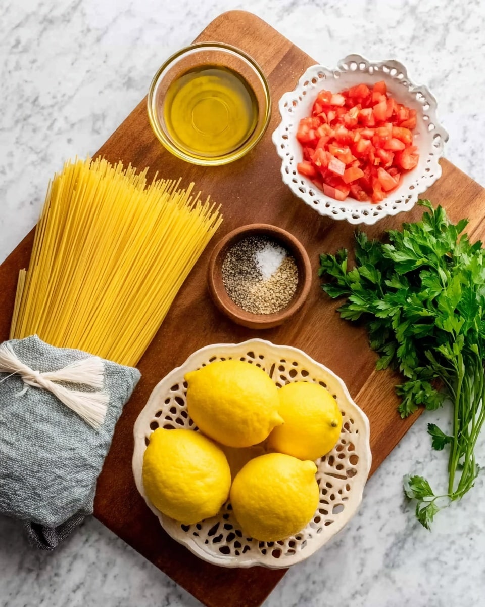 The image shows a wooden board on a white marbled surface. On the board, there is a bundle of uncooked spaghetti partially wrapped in a gray cloth on the left side. Next to it is a white bowl filled with small diced red tomatoes. Nearby, there is a small brown bowl with black and white pepper, and a glass cup filled with golden olive oil. On the right side of the board, a white decorative bowl holds four bright yellow lemons, and next to it is a bunch of fresh green parsley. Photo taken with an iphone --ar 4:5 --v 7
