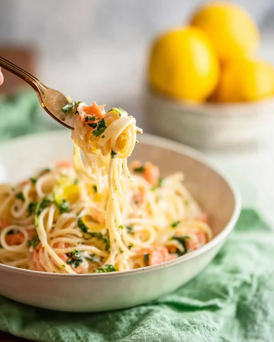 A close-up shows a woman's hand holding a golden fork with some light creamy spaghetti noodles twisted on it, garnished with small pieces of pink salmon and green parsley on top. Below the fork, there is a white bowl filled with spaghetti mixed with creamy sauce, pink salmon bits, and fresh green herbs. The background features a white marbled surface with a basket holding yellow lemons and a soft green cloth nearby. The image has soft, warm lighting highlighting the textures of the noodles, salmon, and herbs, making the dish look fresh and inviting. photo taken with an iphone --ar 4:5 --v 7