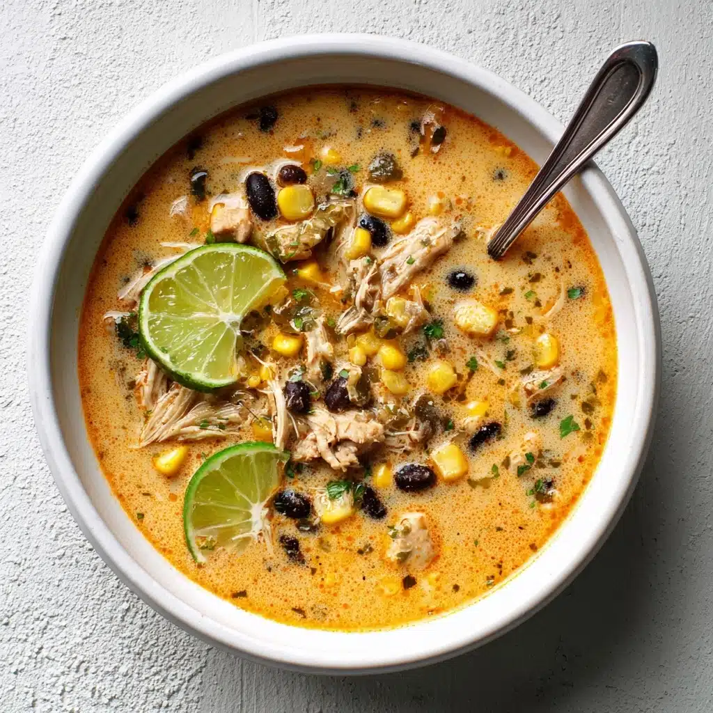 A creamy, orange-hued soup fills a white bowl, with visible layers of tender shredded chicken, yellow corn kernels, black beans, and small chunks of green peppers mixed throughout the broth. Two small lime wedges rest on top as a garnish, adding a fresh green accent. The surface displays a few specks of seasoning and herbs, while the overall texture is smooth yet chunky from the variety of ingredients. The bowl sits on a lightly textured white surface, and a silver spoon is partially submerged on the side. photo taken with an iphone