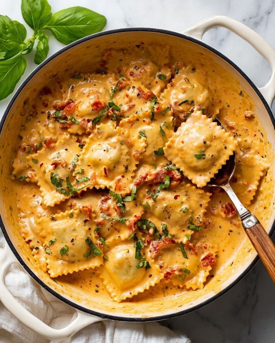 A white pot filled with ravioli covered in creamy orange sauce with bits of red tomatoes and green herbs sprinkled on top. The ravioli are square-shaped with wavy edges, and the sauce looks smooth and thick, coating each piece evenly. A silver spoon with a wooden handle is lifting several ravioli from the pot. Fresh green basil leaves rest beside the pot on a white marbled surface, and a white cloth is partly visible under the pot. The overall look is warm and inviting, with soft lighting highlighting the texture of the sauce and pasta. photo taken with an iphone --ar 4:5 --v 7