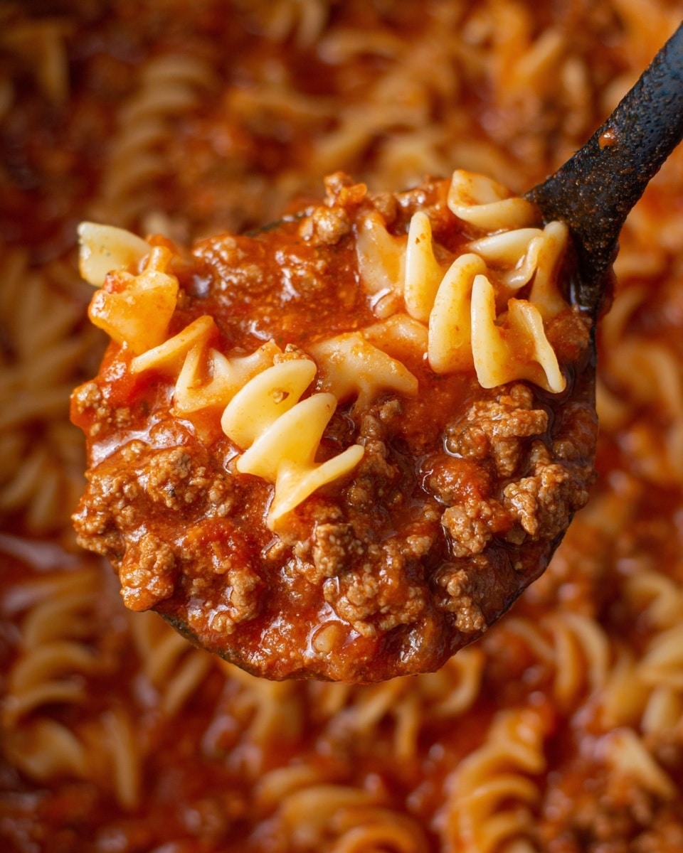 A close-up view of a black spoon holding a mix of cooked pasta and ground meat in a thick red tomato sauce. The pasta shows two different shapes: small curly noodles and flat, wavy-edged pieces. The meat is finely crumbled and evenly spread among the sauce, which has a rich, smooth texture with some small chunks of tomato. The background is filled with more of the same pasta and sauce mixture. photo taken with an iphone --ar 4:5 --v 7