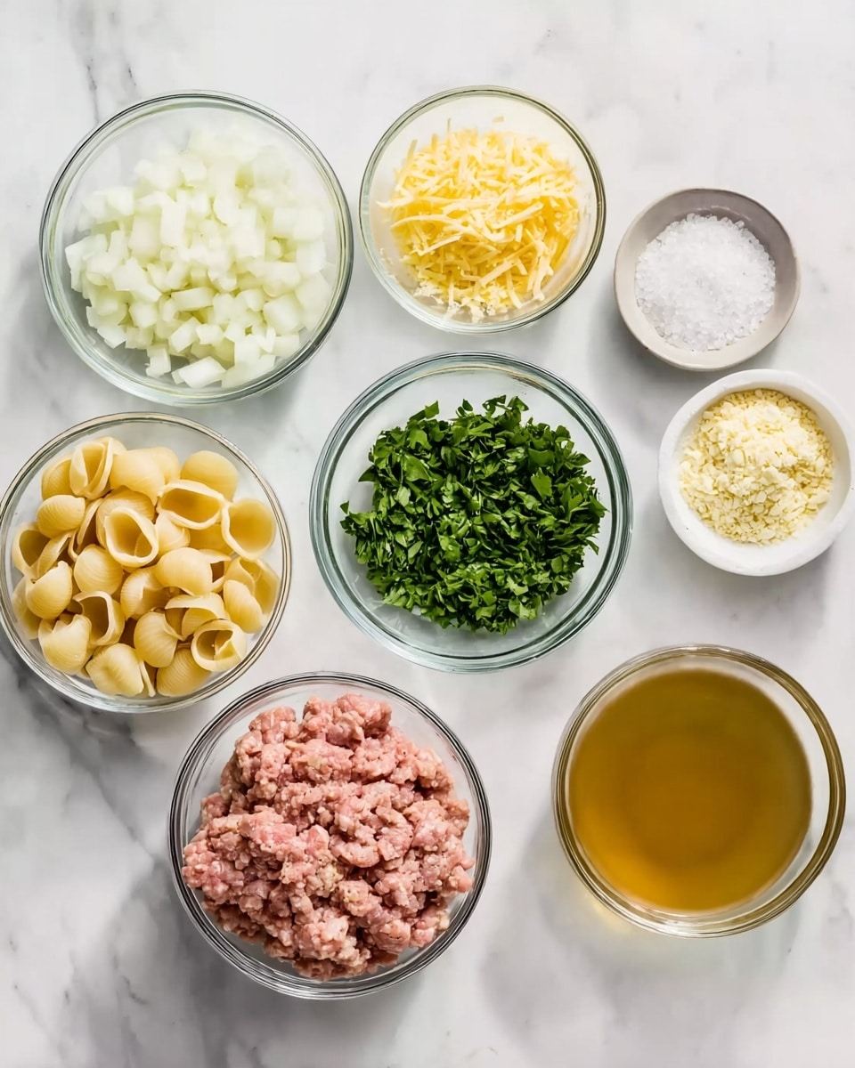 The image shows seven clear glass bowls placed on a white marbled surface. The bowls hold different ingredients arranged neatly: the top row includes finely chopped white onions on the left, grated yellow cheese next, a small bowl of white salt, and fresh green chopped herbs on the right. The bottom row has raw ground meat with a pinkish color on the left, light beige small shell pasta in the middle, and a bowl of light brown broth or stock on the right. Each bowl's contents are clearly visible, and the colors contrast well against the bright background. photo taken with an iphone --ar 4:5 --v 7