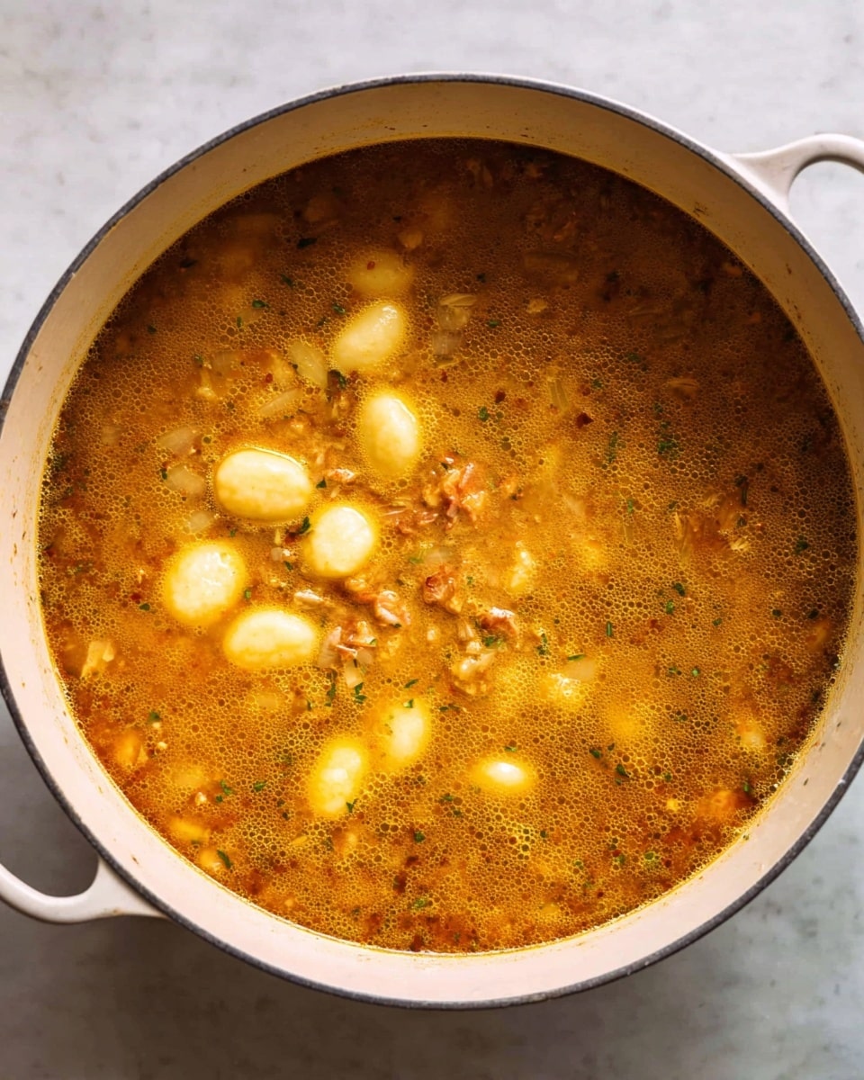 A large white pot filled with bubbling golden brown soup that has visible small chunks of onions and herbs scattered throughout. On the top surface, there are several soft, pale yellow gnocchi pieces floating, contrasting against the darker broth. The soup has a slightly oily texture with bubbles and steam rising, showing it is hot and freshly cooked. The pot handles are visible on the sides and it is placed on a clean white marbled surface. photo taken with an iphone --ar 4:5 --v 7