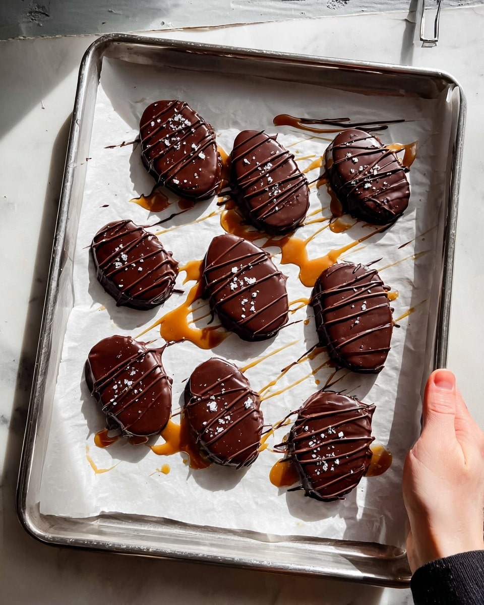 A metal baking tray lined with white baking paper holds nine oval-shaped treats coated in smooth, shiny dark chocolate. Each treat is topped with thin, dark chocolate drizzle and small sprinkles of flaky sea salt. Underneath and around some treats, there are streaks and blobs of caramel sauce in rich amber color, adding texture and contrast. A woman's hand is seen holding the tray on the right side, while the surface below the tray is a white marbled texture. The lighting casts soft shadows across the treats, highlighting their glossy finish photo taken with an iphone --ar 4:5 --v 7