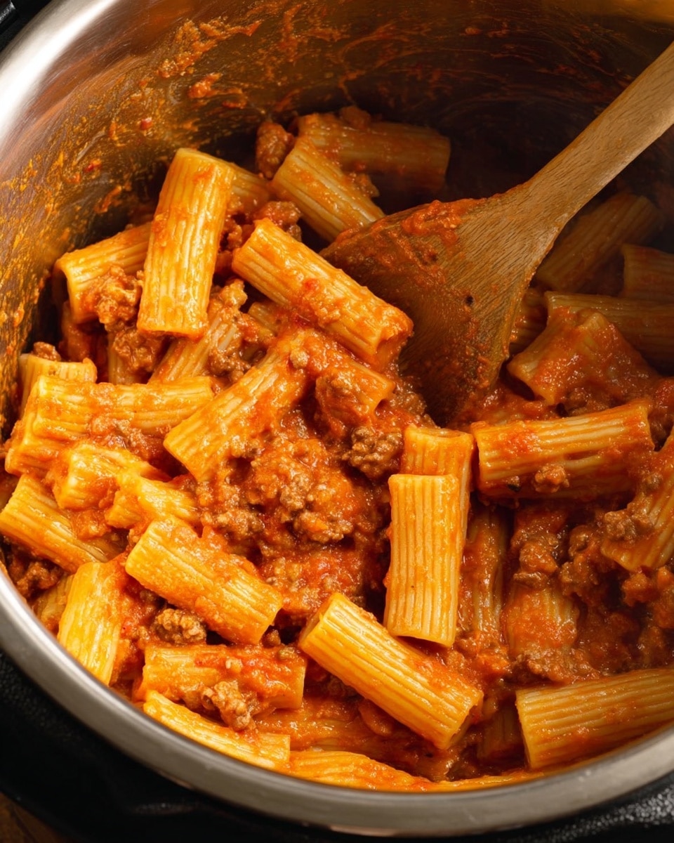 A white pan filled with rigatoni pasta covered in a thick, creamy orange-red sauce with chunks of browned ground meat mixed throughout, showing a dense and rich texture that coats each pasta piece well, resting on a white marbled surface photo taken with an iphone --ar 4:5 --v 7