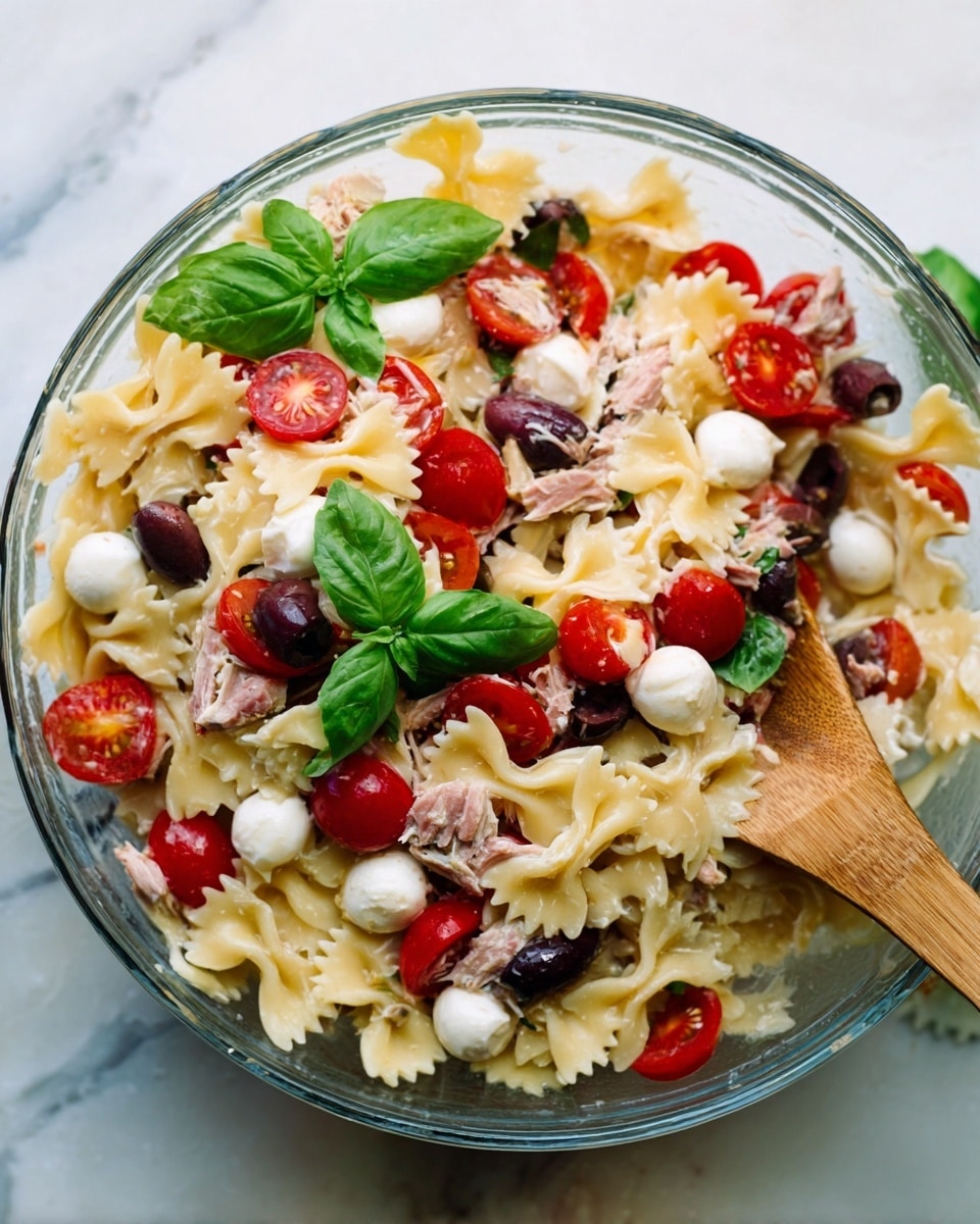 A clear glass bowl filled with a colorful pasta salad sits on a white marbled surface. The salad has three main layers: at the bottom are small bow-tie pasta pieces in light yellow, mixed evenly with creamy white cheese chunks and light pink pieces of sliced meat. On top of this, bright red cherry tomato halves are scattered with dark purple olive slices. Fresh green basil leaves are spread on top, adding a vibrant contrast. A wooden spoon is partially inside the bowl, with a woman's hand holding it. The whole scene looks fresh and appetizing. photo taken with an iphone --ar 4:5 --v 7