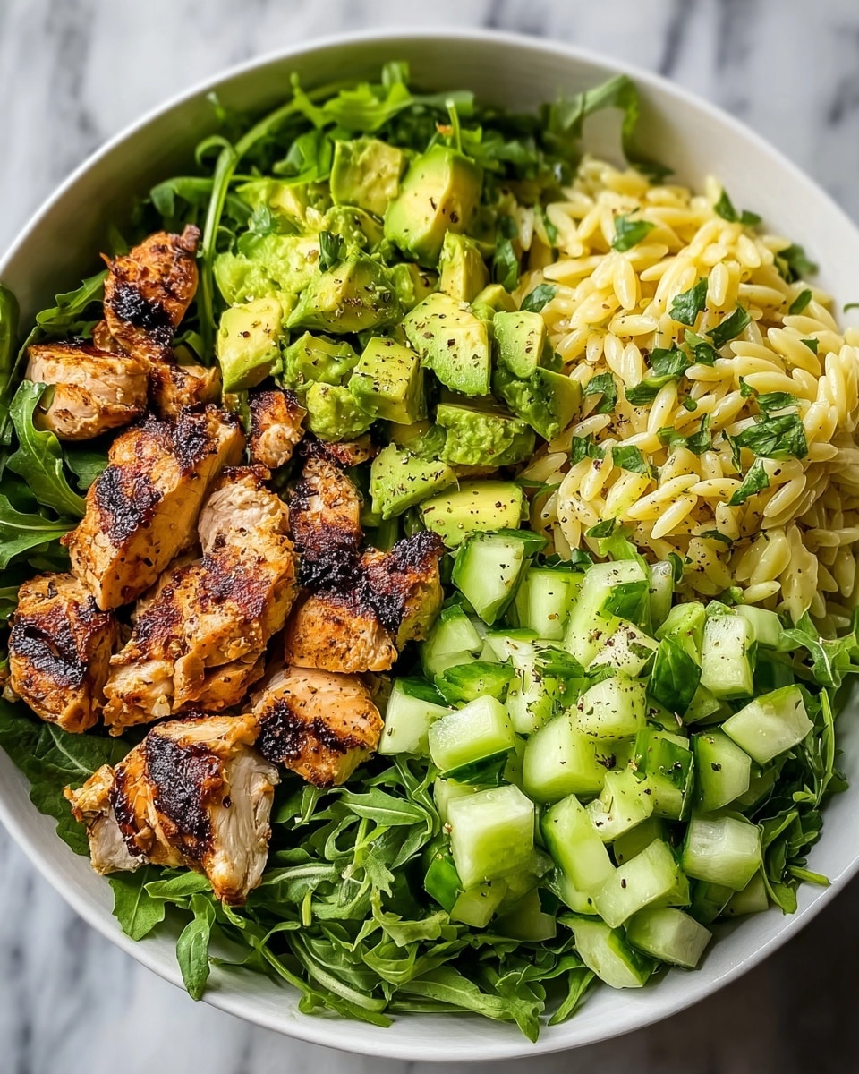 A white bowl is filled with four main layers arranged side by side. On one side, bright green cucumber cubes with smooth skin create a fresh texture. Next to it, finely chopped dark green leafy lettuce adds a leafy layer. Beside the greens, there are small pieces of grilled chicken with brown char marks and a slightly crispy texture. Finally, diced avocado chunks in pale green with darker green skin mixed in form a creamy layer. The bowl is placed on a white marbled surface, with a clear glass of water, white salt and pepper shakers, and a fork nearby. A woman's hand is lightly touching the bowl's edge. Photo taken with an iphone --ar 4:5 --v 7