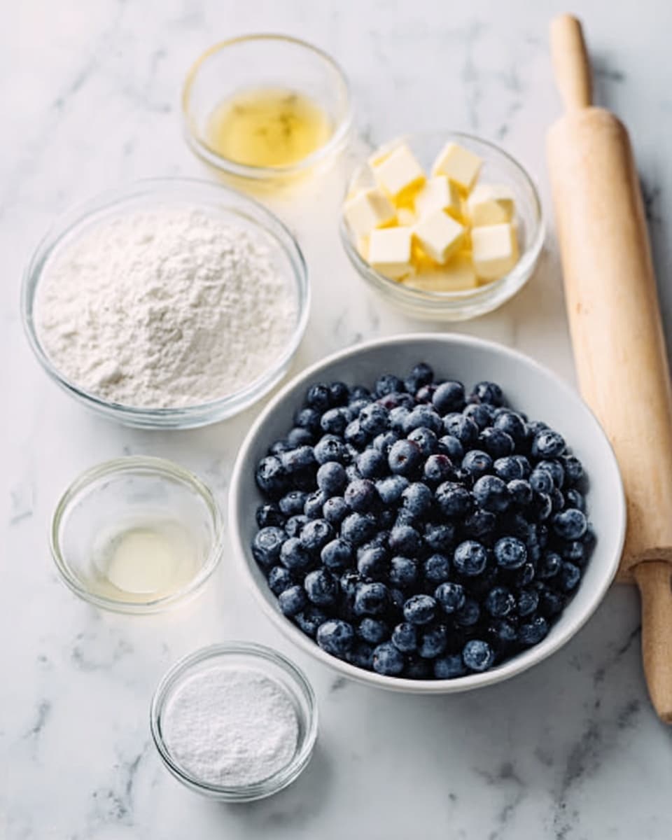A white bowl filled with a large pile of fresh, dark blue blueberries sits in the center of a white marbled surface. Around the bowl are six small glass and white bowls with different ingredients: white flour with a powdery texture, a light yellow liquid, solid pale yellow butter cubes, fine white sugar, a small amount of clear liquid, and a rolling pin made of light wood is placed on the right side. The focus is on the clear, simple arrangement with natural lighting. photo taken with an iphone --ar 4:5 --v 7