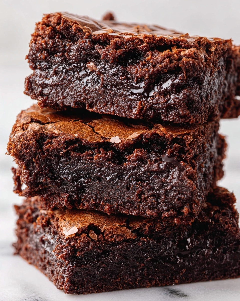 A close view of a single chocolate brownie held between a woman's thumb and fingers, showing one layer with a dark brown, soft, and moist inside filled with melted chocolate chunks. The top layer is a slightly cracked, lighter brown crust. In the blurred background, there are many more square brownies spread out on a white marbled surface with a light blue cloth and a glass of milk nearby. Photo taken with an iphone --ar 4:5 --v 7