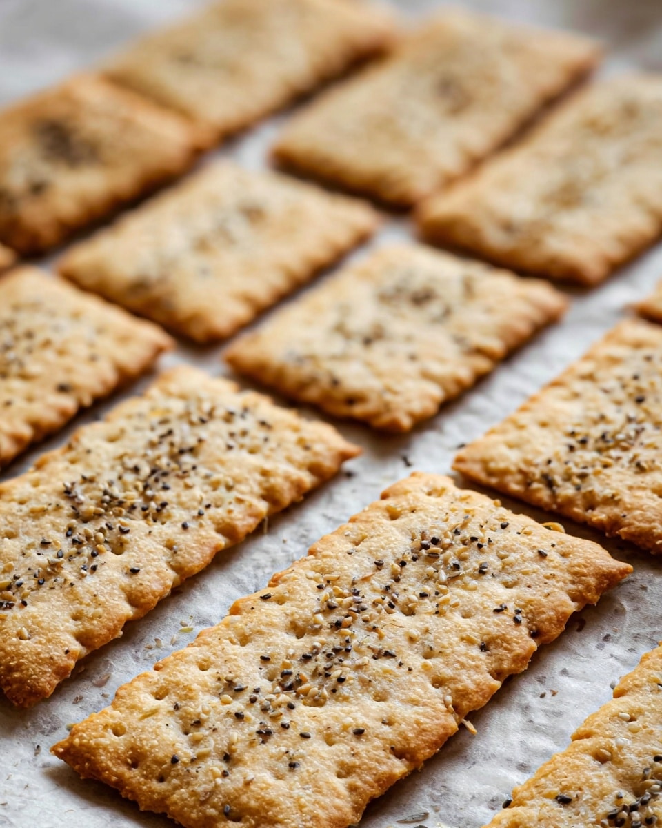 The image shows a close-up of multiple rectangular crackers arranged in rows on a white marbled surface covered with parchment paper. The crackers have a golden brown color and rough texture, some sprinkled with a mix of black and white seeds on top. Each cracker is evenly sized with scalloped edges, and the surface of the crackers is slightly puffed and crispy looking. Photo taken with an iphone --ar 4:5 --v 7