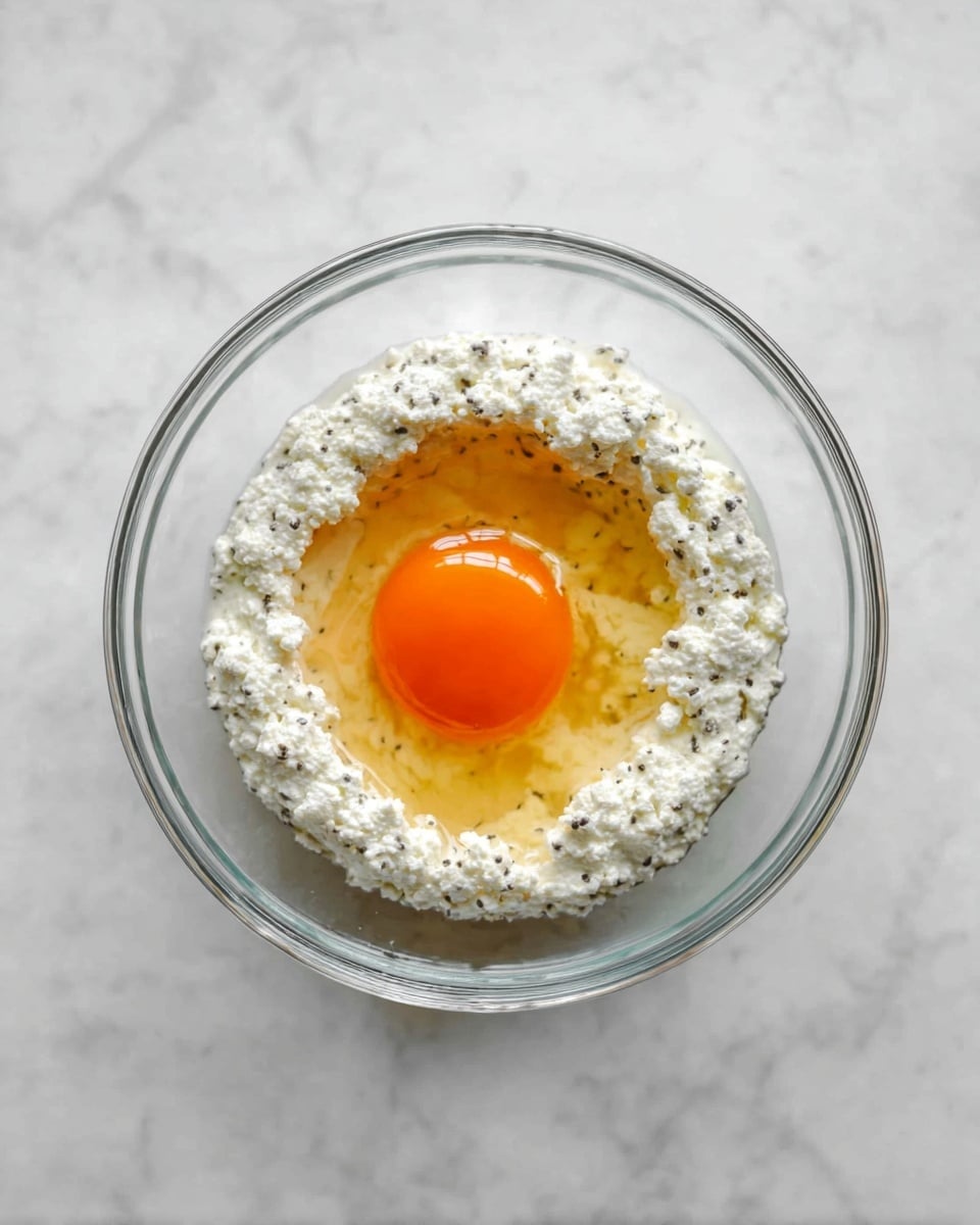 In a clear glass bowl on a white marbled surface, there is one layer of white cottage cheese mixed with small black specks, forming a ring shape. Inside this ring, there is a raw egg with a bright orange yolk and translucent egg white spreading slightly over the cottage cheese. The bowl is viewed from above, showing the simple yet colorful contrast between the white cottage cheese and the orange yolk in the center photo taken with an iphone --ar 4:5 --v 7