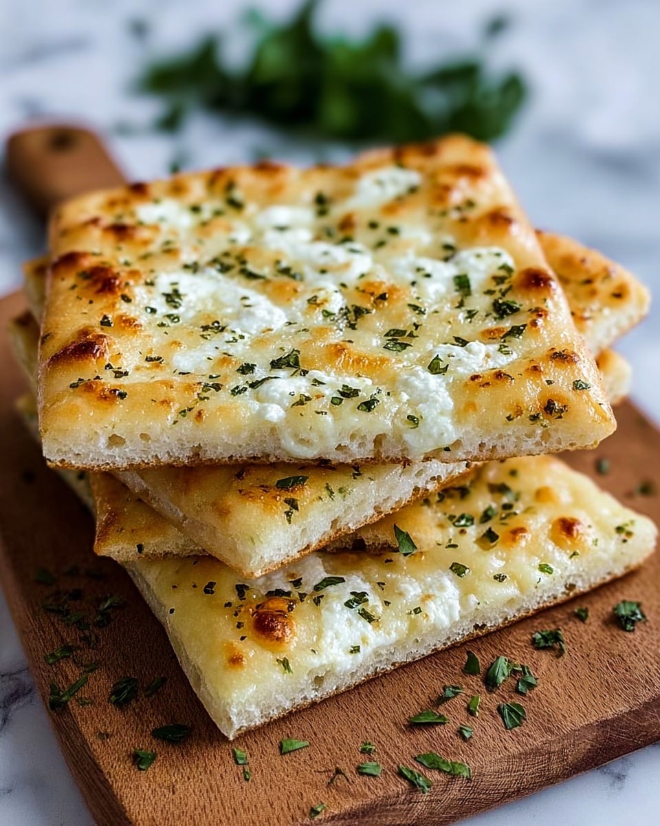 The image shows three square pieces of flatbread stacked on top of each other on a wooden board. Each flatbread has a golden-brown, slightly bubbly top layer with melted white cheese that looks soft and creamy. Small green herb pieces are sprinkled evenly over the surface, adding a touch of color. The flatbread edges are light golden and slightly crispy. The wooden board holding the flatbread rests on a white marbled surface with some green herbs scattered around, creating a fresh and simple look. Photo taken with an iphone --ar 4:5 --v 7