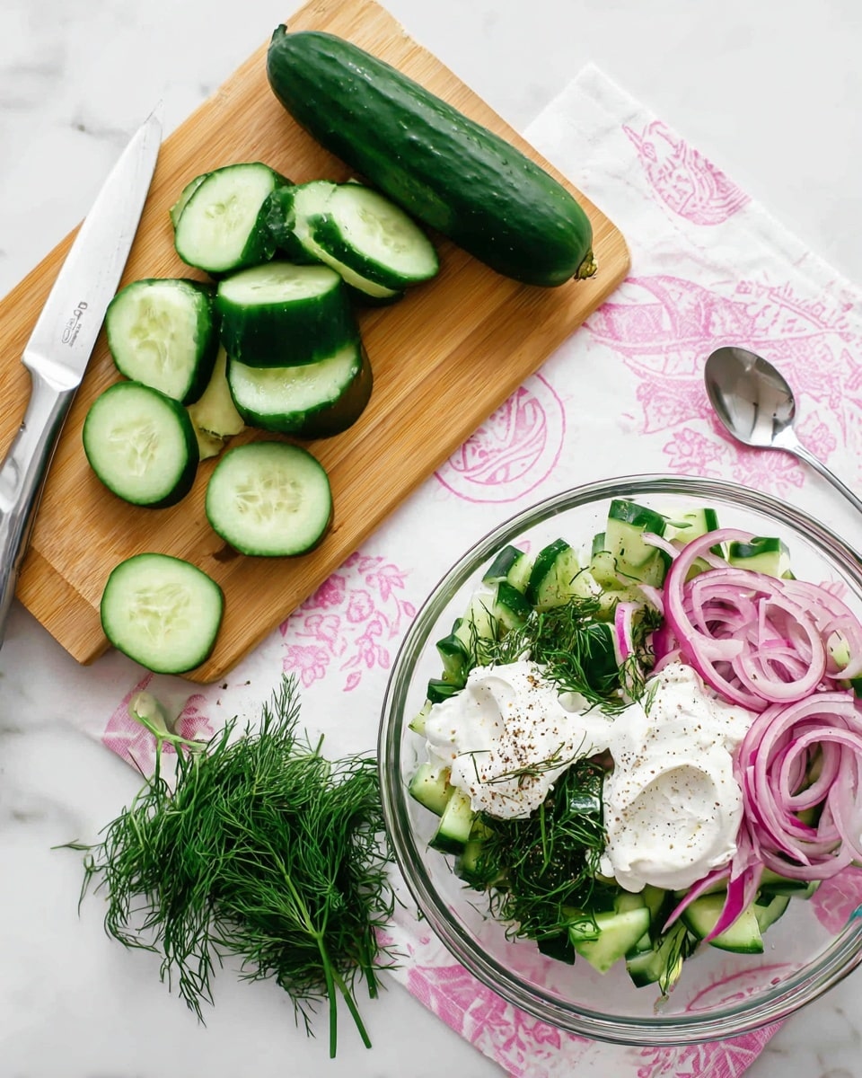The image shows two parts: on the left, a wooden cutting board with four green cucumbers, some sliced into thick half-moon shapes, a silver knife with a black handle, and some fresh dill at the bottom; on the right, a clear glass bowl filled with chopped cucumbers forming a green base layer, thinly sliced red onion rings on top, a sprinkle of fresh dill covering parts of the cucumbers and onions, and dollops of thick white yogurt spread unevenly over one side, with some black pepper sprinkled on the yogurt, all placed over a white marbled surface with a white and pink patterned cloth underneath and a silver spoon beside the bowl; photo taken with an iphone --ar 4:5 --v 7