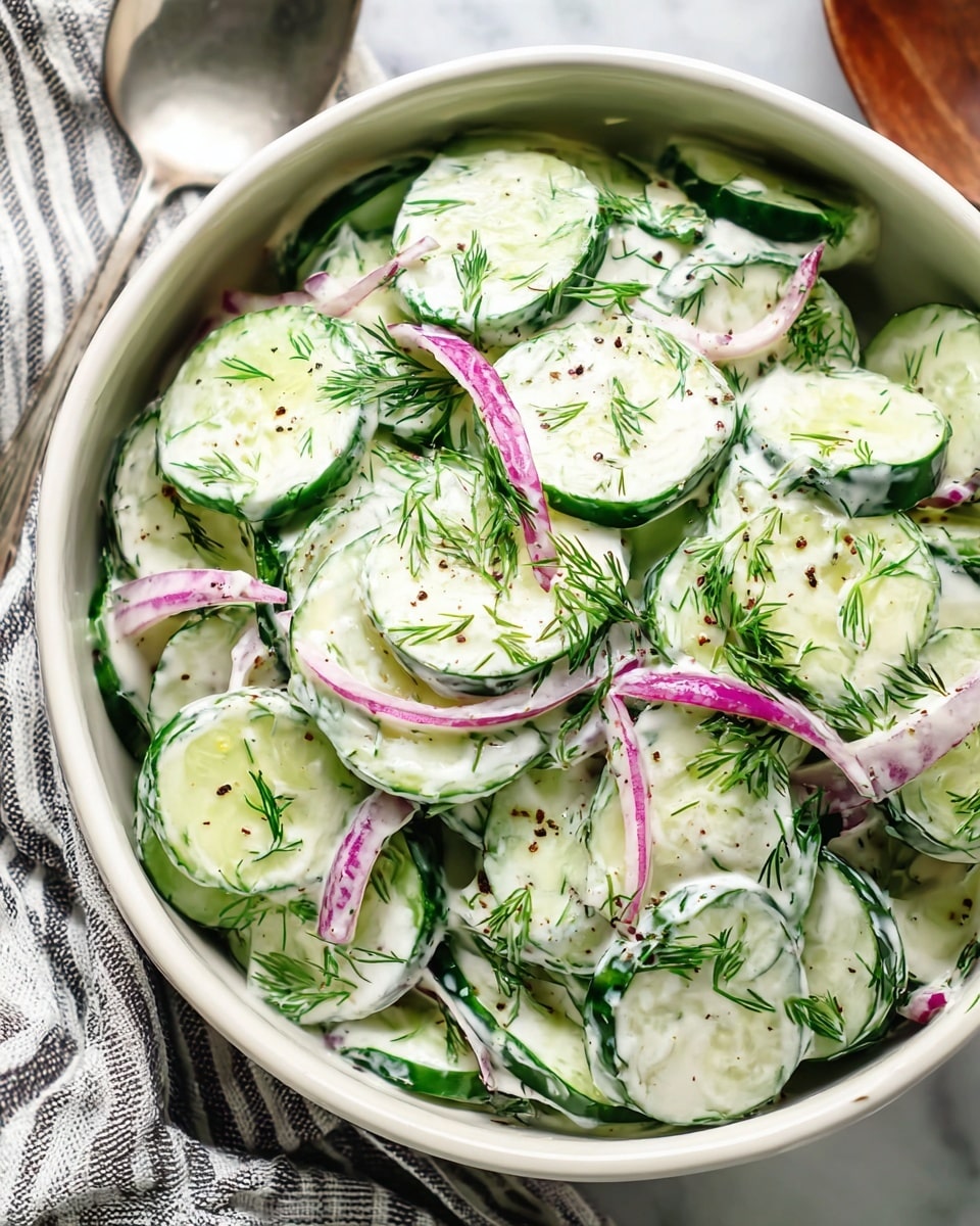 The image shows a white bowl filled with a creamy cucumber salad. The salad has several layers of sliced cucumbers with dark green skin and light green flesh, covered in a thick white creamy dressing. Thin slices of purple-red onion are spread evenly throughout the salad, adding a splash of color. Small green dill leaves are sprinkled on top and mixed inside the creamy dressing. There are tiny black pepper flakes visible on the salad, giving texture and contrast. The bowl is placed on a white marbled surface with part of a striped cloth and a metal spoon next to it. Photo taken with an iphone --ar 4:5 --v 7