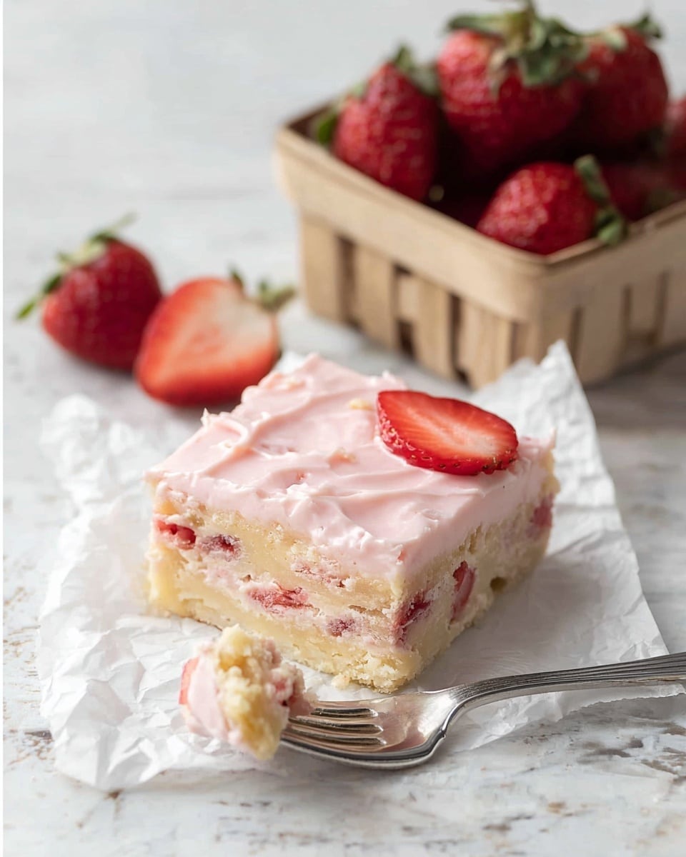 A square piece of cakey dessert rests on crumpled white paper on a white marbled surface, showing three layers: a pale golden base, a middle layer with visible bits of red strawberries, and a pinkish creamy frosting layer on top. The dessert is slightly broken with a small bite-sized piece lifted on a silver fork nearby. Behind it, there is a small basket filled with fresh red strawberries, with one strawberry cut in half showing its juicy inside. The whole scene is softly lit, giving a fresh and inviting look. Photo taken with an iphone --ar 4:5 --v 7