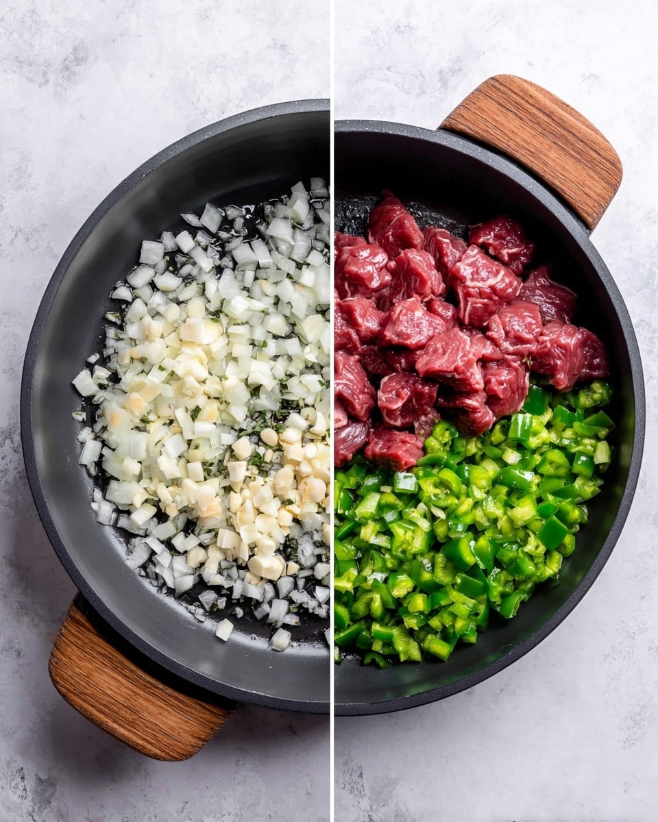 A black pan with wooden handle grips sits on a white marbled surface, shown in two stages. On the left, finely chopped white onions and small pieces of garlic cover the bottom of the pan, spread evenly with a slight shine. On the right, the same pan now includes three separate layers: the bottom layer of onions and garlic on the left and middle, a cluster of raw red meat chunks with a few bits of fat piled in the center-left, and finely diced bright green peppers arranged neatly on the right side, all resting on the same onion and garlic base. The scene is bright and clear, photo taken with an iphone --ar 4:5 --v 7