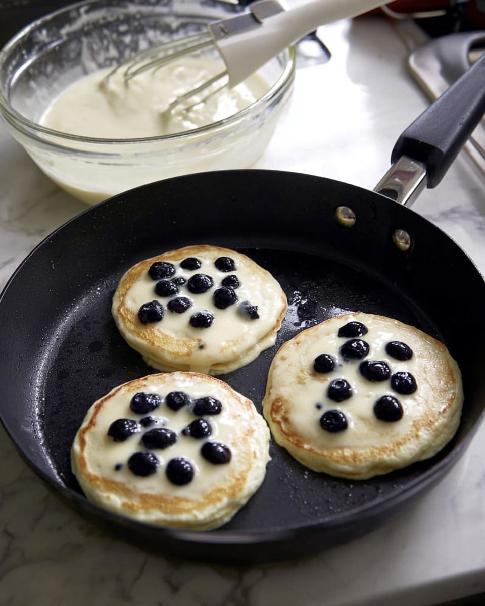 Three round pancakes with light cream batter are cooking in a black pan, each topped with several dark blue blueberries spread evenly across the surface. Behind the pan is a clear glass bowl filled with more light cream pancake batter, showing a whisk and a white spatula resting inside. The scene sits on a white marbled surface with a soft light shining on it, capturing the cooking process in a cozy kitchen setting. Photo taken with an iphone --ar 4:5 --v 7
