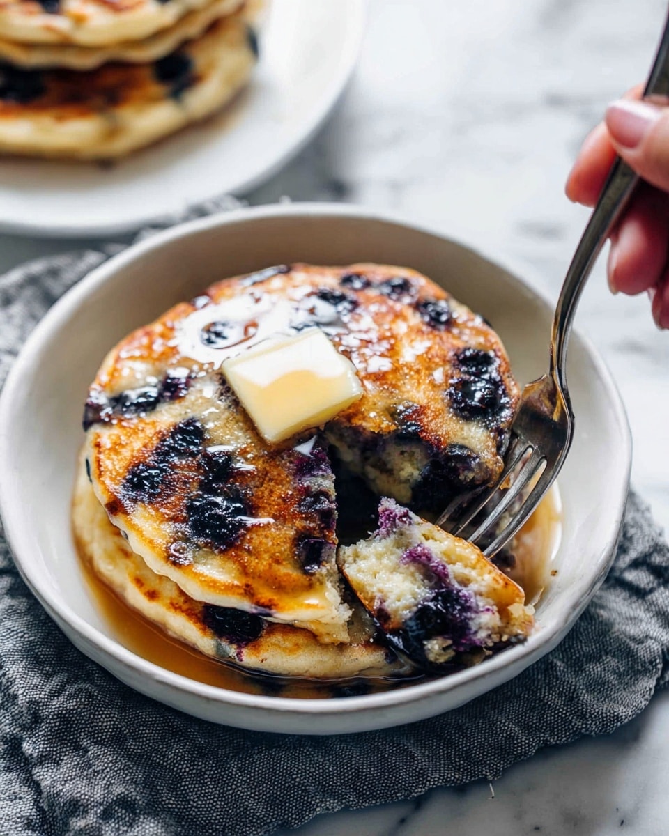 A white bowl holds a stack of three golden-brown blueberry pancakes with visible blueberries baked inside. The top pancake has a square pat of melting butter with syrup dripping down the sides, creating a shiny texture. A woman's hand holds a fork, lifting a bite from the bottom pancake, revealing the soft inside with more blueberries. The bowl is set on a white marbled surface with a textured gray cloth nearby. Another white plate with more pancakes is partially visible in the background. Photo taken with an iphone --ar 4:5 --v 7