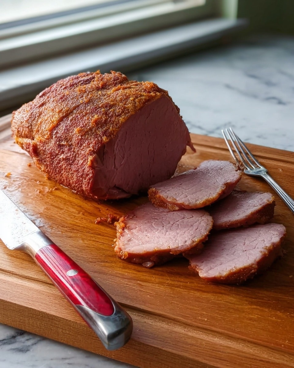A large piece of cooked meat with a browned outer layer sits on a wooden cutting board. Four thin slices of the meat are laid next to the main piece, showing a pink, smooth texture inside. A knife and a fork with red and black handles rest near the meat on the board. The background shows soft light coming from a window. The surface is white marbled texture. photo taken with an iphone --ar 4:5 --v 7