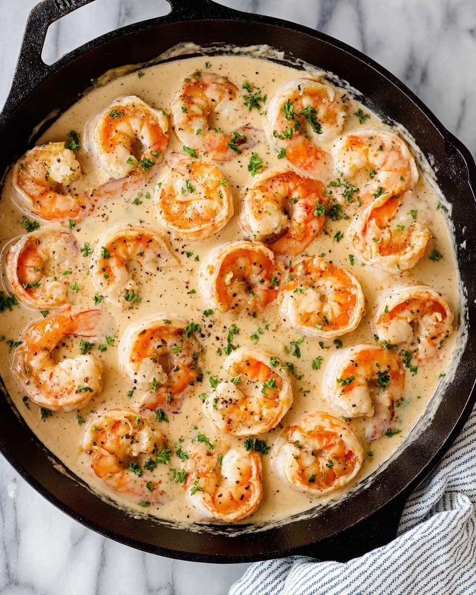 A black cast iron pan filled with one layer of large cooked shrimp, each shrimp pink with some orange shades and slight browning, placed evenly across the pan, all covered in a creamy light beige sauce with visible small specks of black pepper and garnished with small sprigs of green parsley scattered on top. The pan is on a white marbled surface with a corner of a striped white and blue cloth visible at the bottom right. Photo taken with an iphone --ar 4:5 --v 7