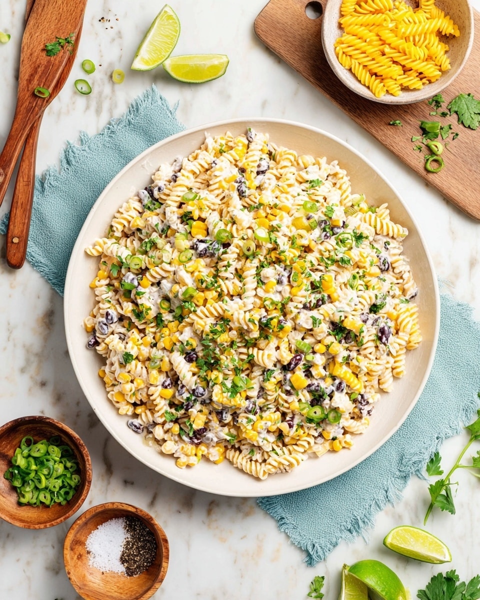 A large white round plate filled with rotini pasta salad made from three main layers: a creamy white sauce base, mixed with yellow grilled corn kernels and black beans spread evenly through the salad, topped with bright green chopped parsley and sliced green onions scattered on top. The plate rests on a light blue cloth on a white marbled surface. Around the plate, on the surface, are lime wedges, a bowl of dry yellow rotini pasta, small wooden bowls with salt and pepper, a wooden cutting board with chopped parsley and a knife, and two wooden salad spoons. A woman's hand is partly visible holding the knife near the top left corner. photo taken with an iphone --ar 4:5 --v 7