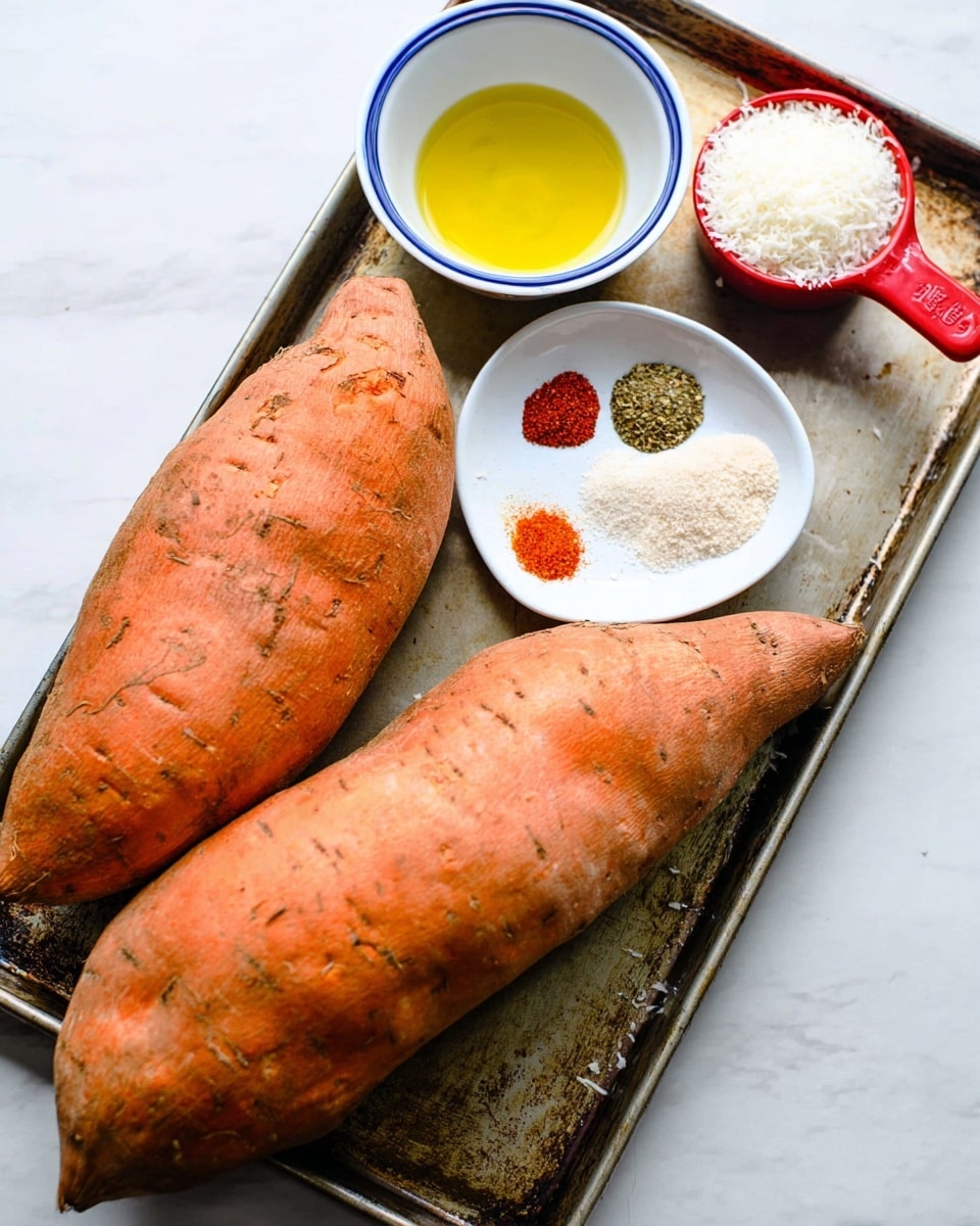 The image shows two large orange sweet potatoes with rough skins placed on an old metal tray. Next to them are three containers: a small white bowl with different spices in neat piles of red, white, beige, and green colors; a white bowl with a blue rim filled with yellow olive oil; and a red measuring cup filled to the top with finely grated white parmesan cheese. The surface beneath the tray is a white marbled texture. The scene is simple and focused on the raw ingredients with natural light highlighting their textures and colors photo taken with an iphone --ar 4:5 --v 7