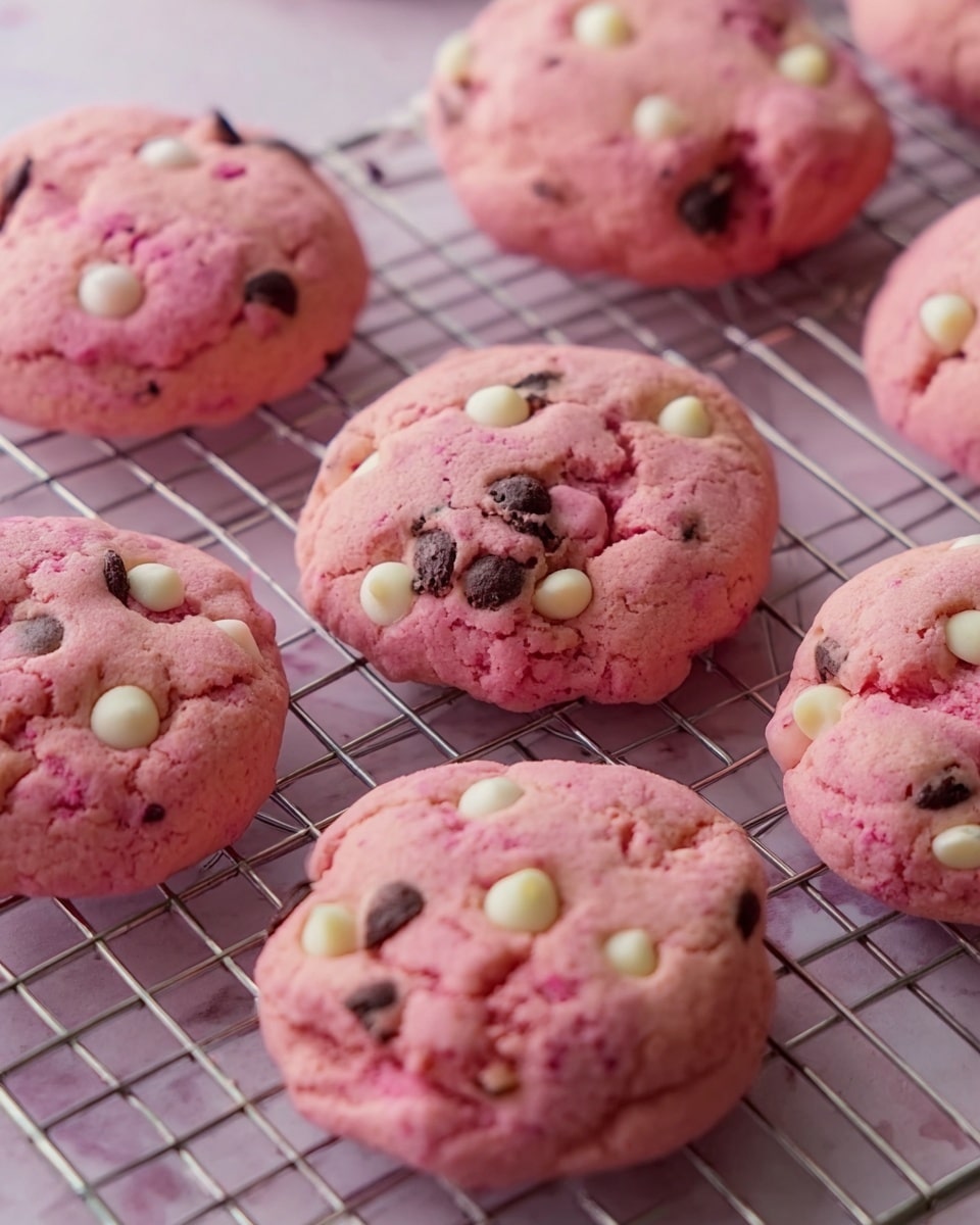The image shows several pink cookies with white and dark chocolate chips baked into them, placed on a metal wire cooling rack. Each cookie has a round shape with a soft and slightly cracked surface, showcasing the chips embedded within. The rack sits on a white marbled textured surface. The cookies vary slightly in size and spacing, with a soft, bumpy texture visible on each one. photo taken with an iphone --ar 4:5 --v 7