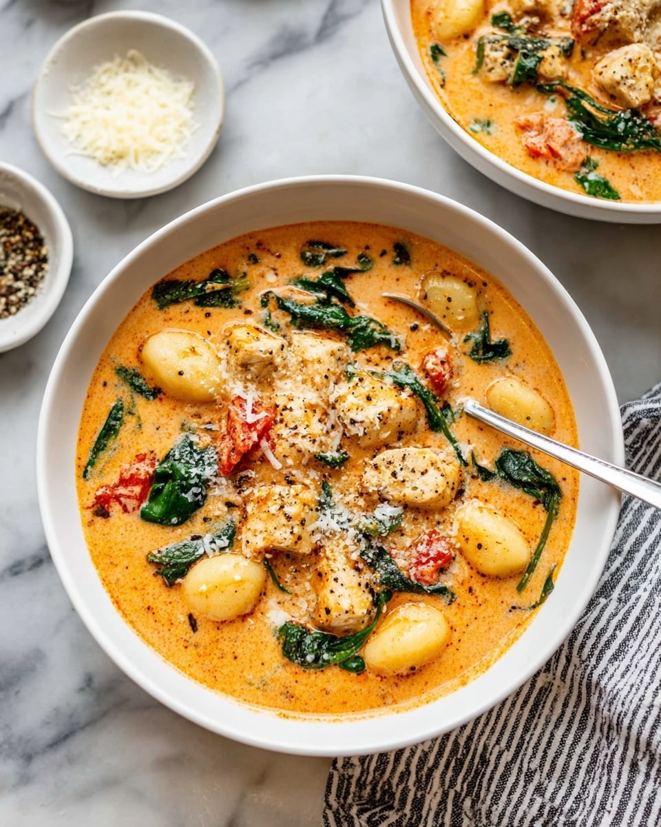 A white bowl filled with a creamy orange soup, holding round gnocchi pieces floating on top, several chunks of light beige chicken, and dark green spinach leaves. The soup also has small bits of red tomatoes and onions throughout, with a sprinkling of grated white cheese and cracked black pepper on the surface. A silver spoon rests inside the bowl on the right side, and in the background, another similar white bowl is partially visible. The bowls are placed on a white marbled surface with a couple of small white dishes holding grated cheese and black pepper beside them, along with a striped cloth on the lower right corner. Photo taken with an iphone --ar 4:5 --v 7