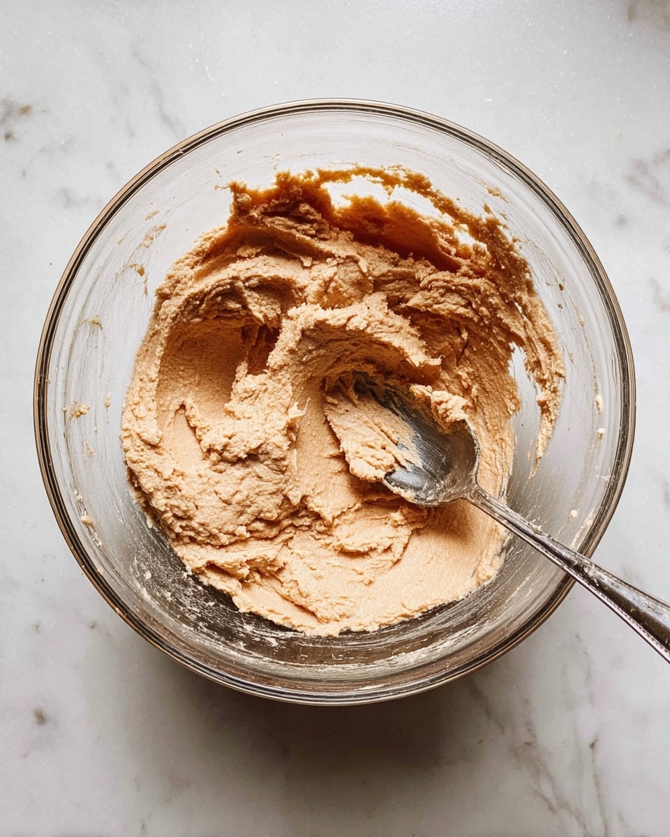 A clear glass bowl filled with thick, light brown dough mixture with a rough creamy texture, showing marks where a spoon has stirred it; the spoon with some dough clinging to it is resting inside the bowl on the right side, and the bowl is placed on a white marbled surface photo taken with an iphone --ar 4:5 --v 7