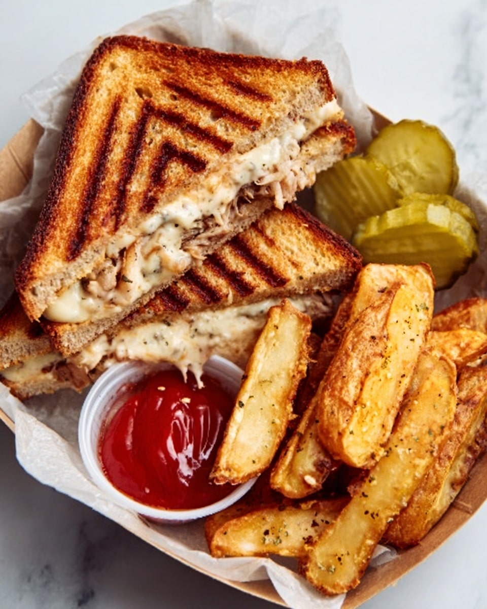 The image shows a toasted sandwich cut diagonally with a golden-brown crust and grill marks, filled with a creamy sauce and pieces of cooked chicken inside. Next to the sandwich are thick, crispy potato wedges with a golden color and some light seasoning. Two pickle slices with a green hue sit near the wedges. A small white cup of red ketchup is placed at the edge. The food is served in a white container and rests on a white marbled surface. Photo taken with an iphone --ar 4:5 --v 7