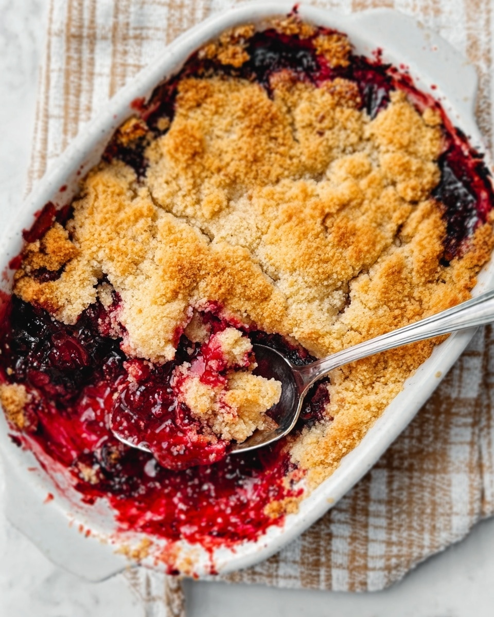 The image shows a warm cherry cobbler with a golden crumbly top layer that looks soft and slightly crunchy. Below the top, bright red cherries with shiny juice flow out, some mixed into the dough and others pooling around the edges. The texture of the dough under the cherries is softer and a bit gooey, making the red cherry juice shine against the pale yellow dough. The dish is on a white plate, placed on a white marbled surface. Photo taken with an iphone --ar 4:5 --v 7