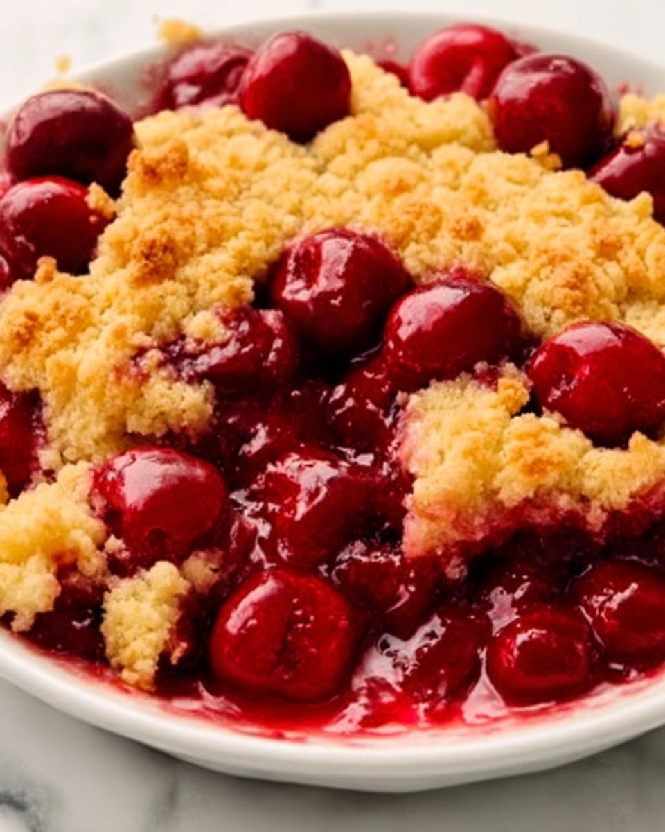 The image shows a white baking dish filled with a fruit cobbler. The top layer is golden brown and crumbly, slightly cracked to show the deep red fruit filling underneath. The fruit layer is juicy and thick, with visible pieces of berries. A spoon rests inside the dish, scooping some of the cobbler, catching some crumbs and red fruit sauce. The dish sits on a white and tan checkered cloth, all on a white marbled surface. Photo taken with an iphone --ar 4:5 --v 7