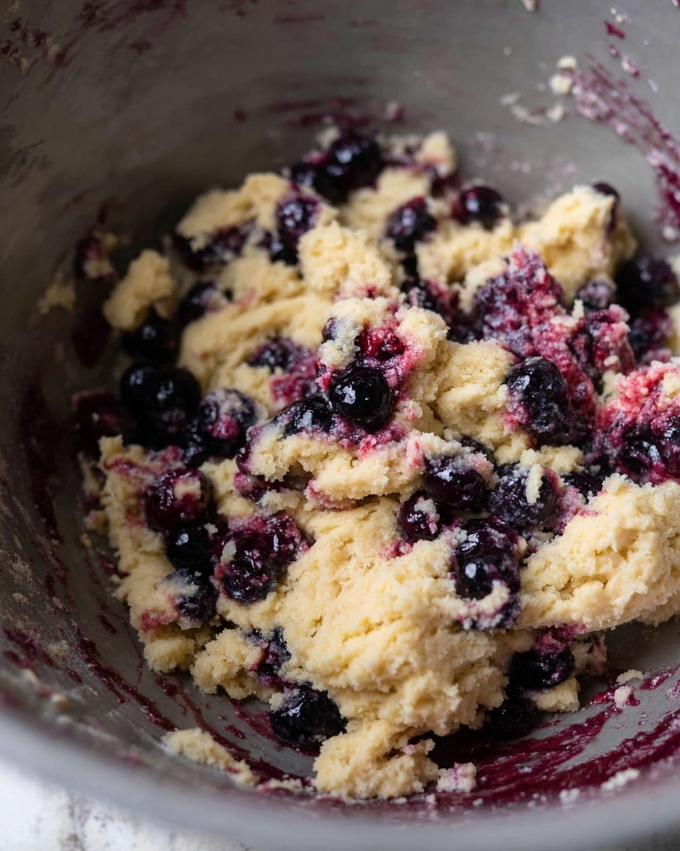 A close-up view inside a grey mixing bowl filled with lumpy, light yellow dough mixed unevenly with whole and split black blueberries, which have released reddish-purple juice staining parts of the dough and the bowl's interior. The dough looks thick and sticky with rough texture, and there is some residue on the bowl sides. The background shows a white marbled texture faintly visible around the edges of the bowl. photo taken with an iphone --ar 4:5 --v 7