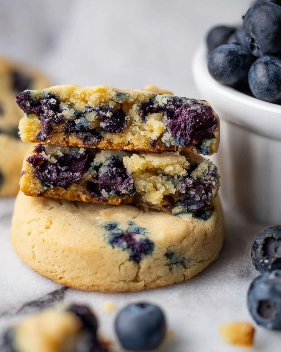 A close-up of a broken blueberry cookie standing up, showing its crumbly three-layer texture with golden-brown outer layers and a soft yellow middle filled with dark blue blueberries, beside a whole round cookie with a similar crumbly golden top and visible blueberries inside, all placed on a white marbled surface. To the right, part of a white bowl filled with fresh dark blue blueberries is visible, with a few blueberries scattered around on the surface. Photo taken with an iphone --ar 4:5 --v 7