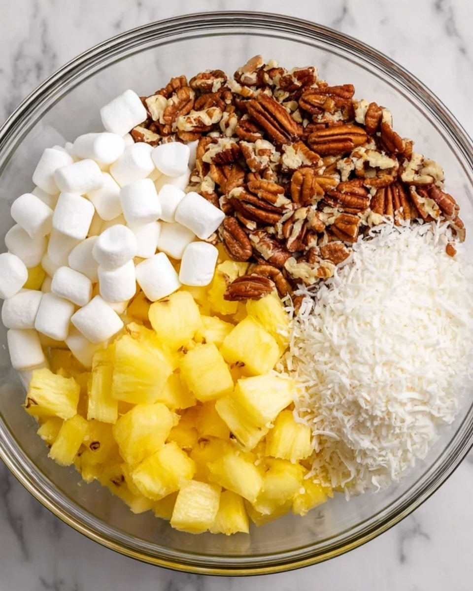 A clear glass bowl is filled with four separate sections of ingredients: small white marshmallows in the top left, chopped brown pecans in the top right, shredded white coconut in the bottom right, and bright yellow pineapple chunks in the bottom left. The bowl sits on a white marbled surface, and the ingredients create a colorful, textured mix inside it. Photo taken with an iphone --ar 4:5 --v 7
