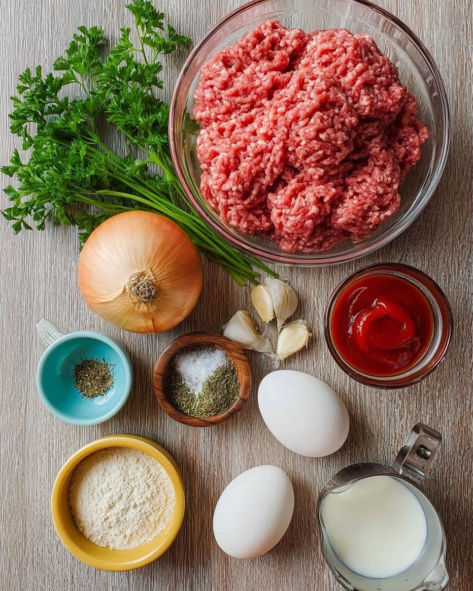 A clear glass bowl with pink raw ground meat sits at the top right on a wood-textured surface. Below and around it are two white eggs, a whole onion with light brown skin, three garlic cloves, and fresh green parsley. There is a small round glass bowl filled with red ketchup, a light blue small bowl with ground black pepper, a wooden bowl with white salt, and a yellow bowl holding dried herbs. A metal measuring cup filled with white bread crumbs and a glass measuring cup with white milk are placed near the parsley. The whole scene has a clean, fresh look with a mix of red, white, green, brown, and light blue colors. Photo taken with an iphone --ar 4:5 --v 7