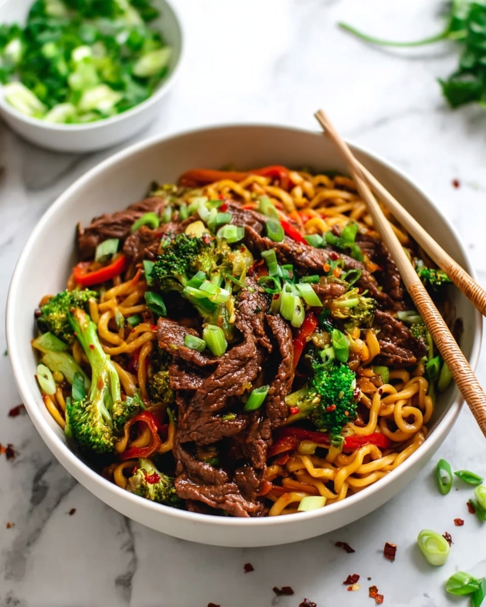 A white bowl filled with a colorful stir-fried noodle dish is shown. The bottom layer has thick, yellowish-brown noodles. On top of that are dark brown strips of cooked beef mixed with bright green broccoli florets and thin, long red pepper slices. The dish is garnished with small, fresh green onion rounds scattered on top. Two light brown chopsticks rest on the edge of the bowl. The bowl sits on a white marbled surface with some scattered green onions and red pepper flakes around it. In the background, a white bowl with more chopped green onions and fresh green herbs can be seen. photo taken with an iphone --ar 4:5 --v 7