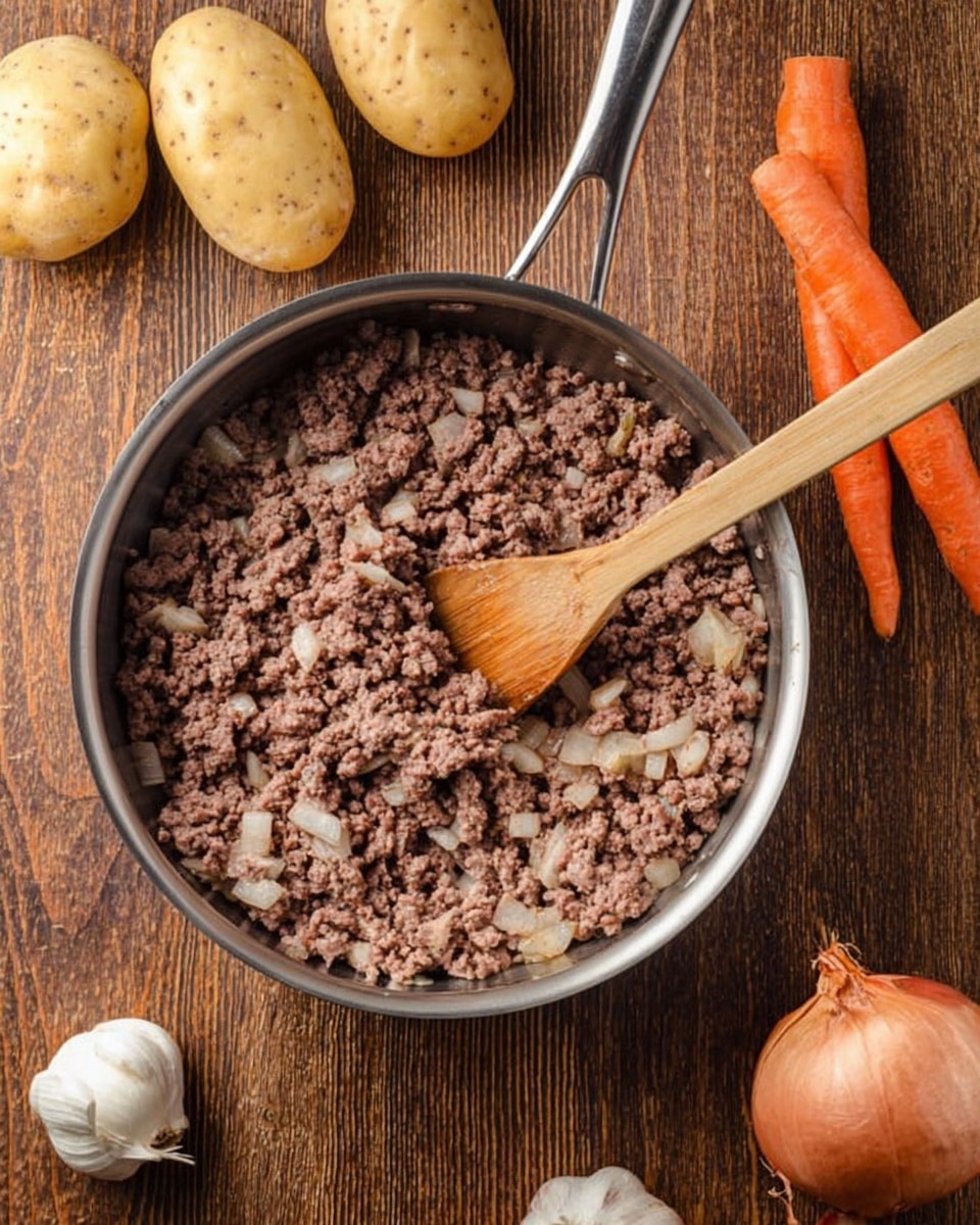 A silver pan filled with ground beef mixed with small pieces of cooked onion is shown from above. A wooden spoon rests inside the pan, partially stirring the beef, and the pan has a handle extending out to the right. Around the pan on a wooden surface, there are two unpeeled potatoes at the top, an unpeeled carrot on the right, an onion at the bottom right, and a garlic bulb on the left. The image has a warm and rustic feel. photo taken with an iphone --ar 4:5 --v 7