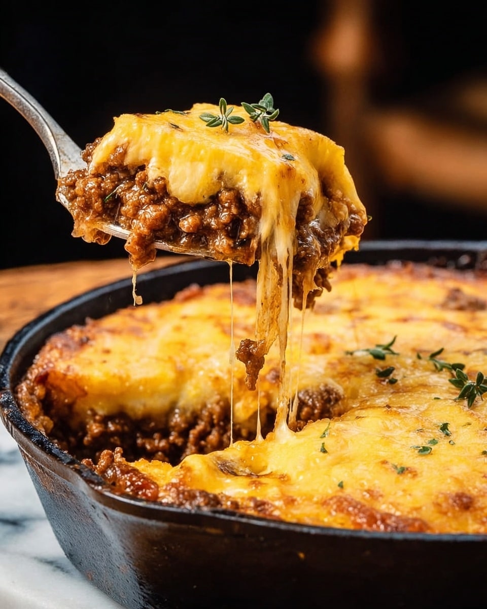 The image shows a close-up of a cooked dish in a black cast iron pan. The dish has two main layers: a thick, crumbly brown ground meat base at the bottom and a melted golden cheese layer on top that is stretchy and slightly browned in spots. A silver fork lifts a portion from the pan, pulling gooey cheese strings that connect to the main dish. Small green herb pieces are sprinkled on the cheese. The background is blurred with a warm, dark tone, and the pan sits on a white marbled surface. Photo taken with an iphone --ar 4:5 --v 7