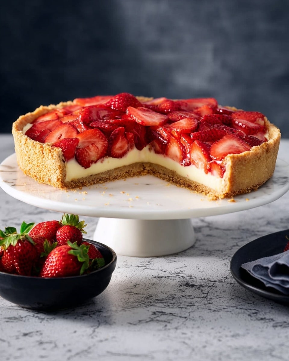 A white cake stand holds a strawberry tart with a missing slice on a white marbled surface. The tart has three layers: a light golden crust at the bottom with a crumbly texture, a thick layer of smooth pale yellow cream in the middle, and bright red sliced strawberries arranged closely on top. The strawberries are shiny and fresh, covering the cream evenly. In front of the cake stand, there is a small black bowl filled with whole strawberries, showing green leaves on some. The background is soft and dark, making the tart and strawberries stand out clearly. photo taken with an iphone --ar 4:5 --v 7