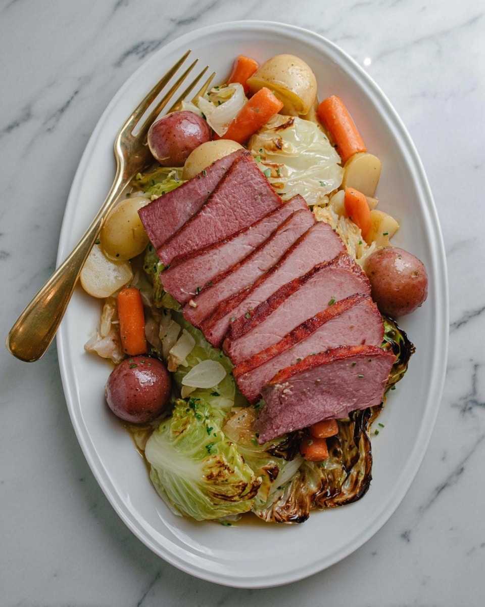 The image shows a white oval plate with a layered dish. The bottom layer consists of light green grilled cabbage leaves with some charred edges, covering the entire plate. On top of the cabbage, there are small round brown potatoes, thick chunks of orange carrots, and pieces of translucent cooked onions scattered around. The top layer is a sliced portion of pinkish-red cooked meat with a browned outer edge, arranged in a neat row along the center of the plate. A gold knife rests on the left side of the plate, and a gold fork is placed on the right, partially under the meat. The dish is placed on a white marbled surface. photo taken with an iphone --ar 4:5 --v 7