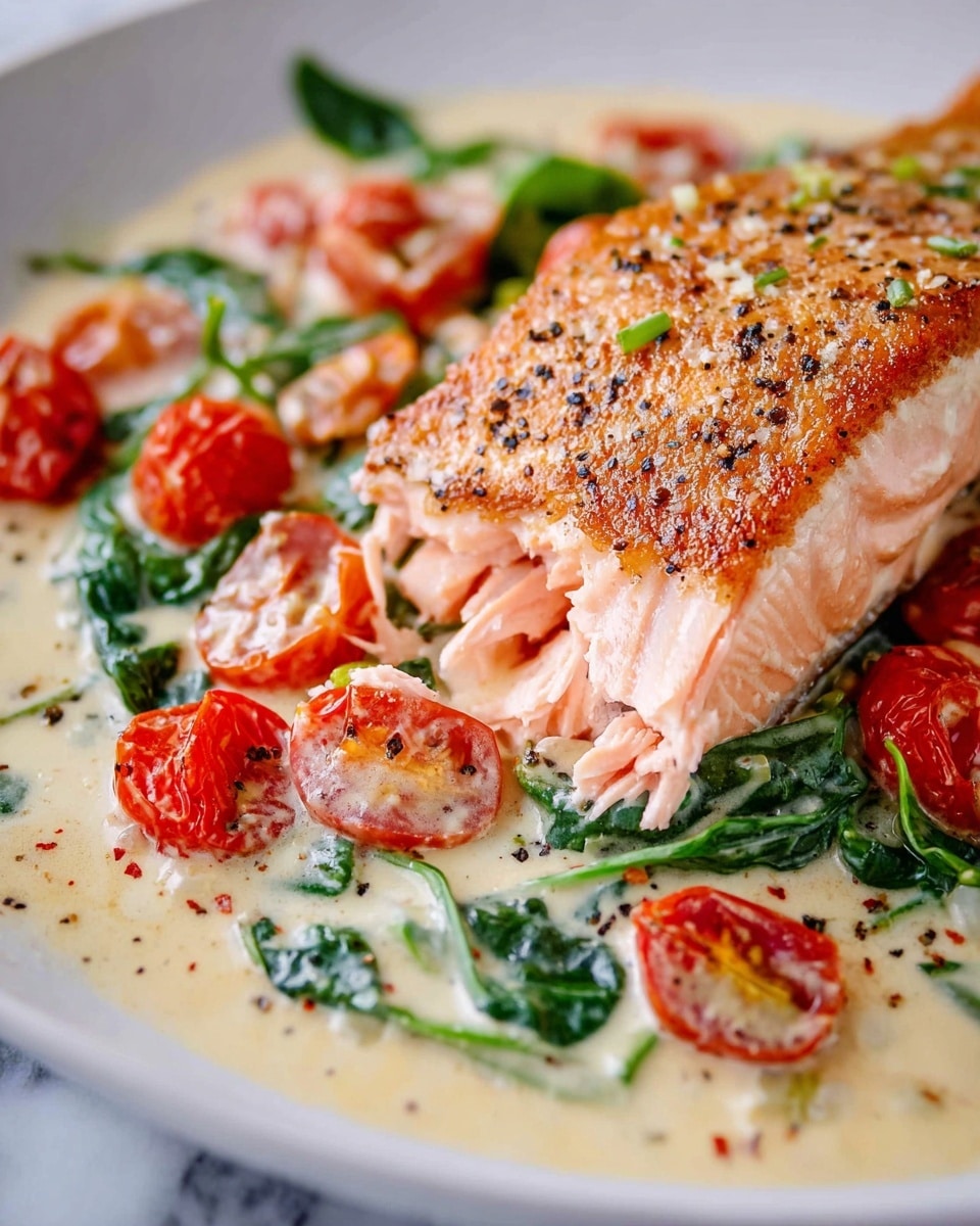 The image shows a close-up of a cooked salmon fillet with a light golden-brown crust, lying on a white plate with a creamy sauce underneath. The sauce has a smooth texture with visible pieces of green spinach and chunks of red cherry tomatoes. The salmon has been partially cut, displaying its pink inside with black pepper sprinkled on top. The plate rests on a white marbled surface. photo taken with an iphone --ar 4:5 --v 7