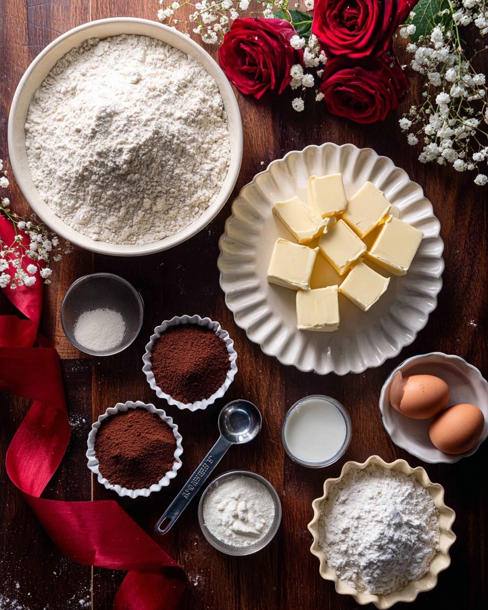 The image shows a flat lay of baking ingredients arranged on a dark wood surface with red roses and small white flowers in the top right corner. There is a large white bowl filled with flour on the left, a white bowl with two cracked eggs at the bottom right, and a large white fluted dish with sugar near the top right. In the center, a white fluted plate holds multiple square pieces of butter. Smaller flower-shaped silver bowls hold cocoa powder, baking powder, salt, and vanilla extract. A silver measuring spoon with a black handle is placed diagonally among the bowls. A red velvet ribbon lies across the bottom left. The overall setting is neat and colorful, creating a warm and inviting baking scene. Photo taken with an iphone --ar 4:5 --v 7