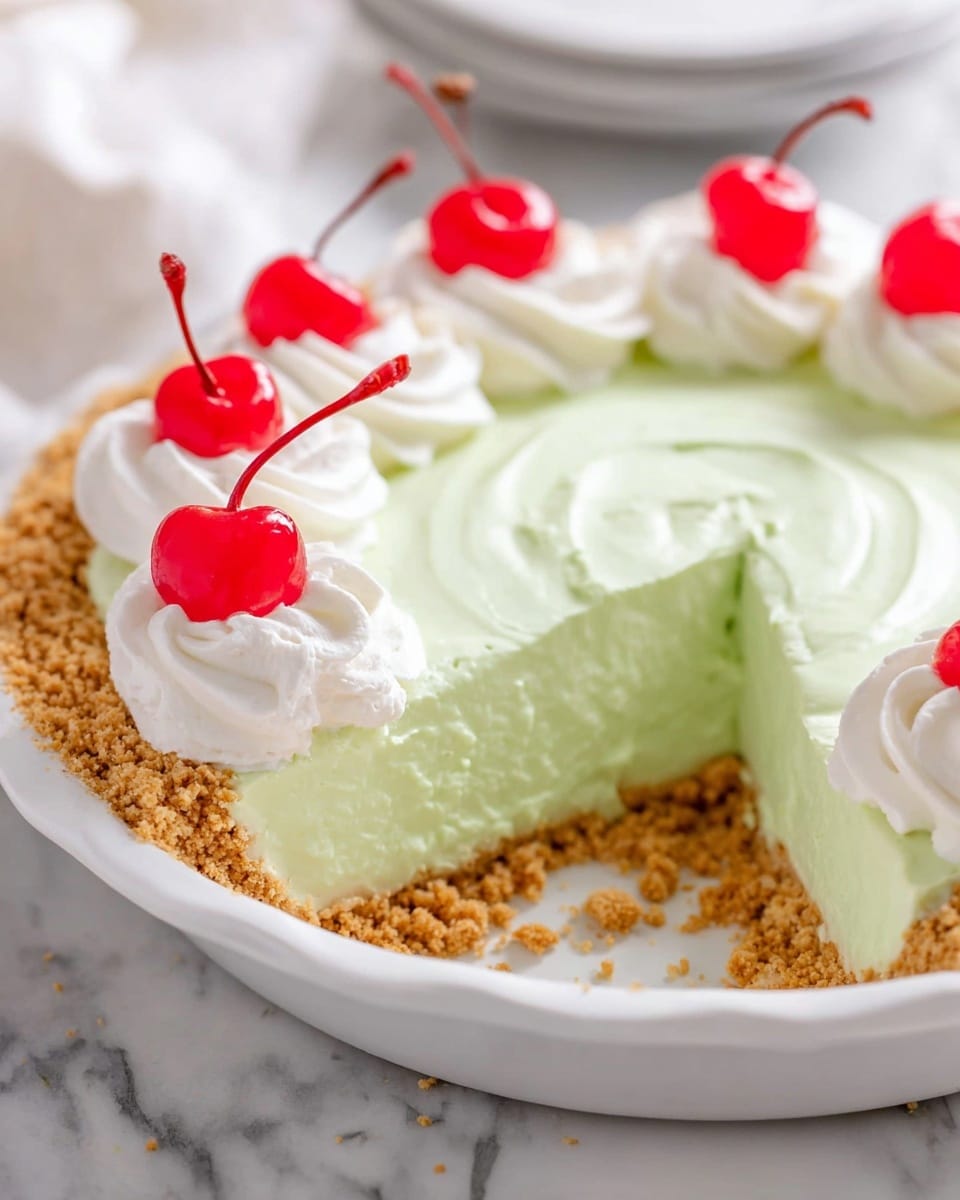 The image shows a pie with three main layers sitting on a white pie dish placed on a white marbled surface. The bottom layer is a crumbly golden-brown crust that looks crunchy. The middle layer is thick and creamy with a pale green color, smooth in texture. On the top edge, there is a thick swirl of white whipped cream going around the pie evenly. Bright red cherries with stems are placed on top of the whipped cream in a circle. A piece of the pie is missing, showing a clean cut through all layers, with some crumbs scattered on the dish. Photo taken with an iphone --ar 4:5 --v 7