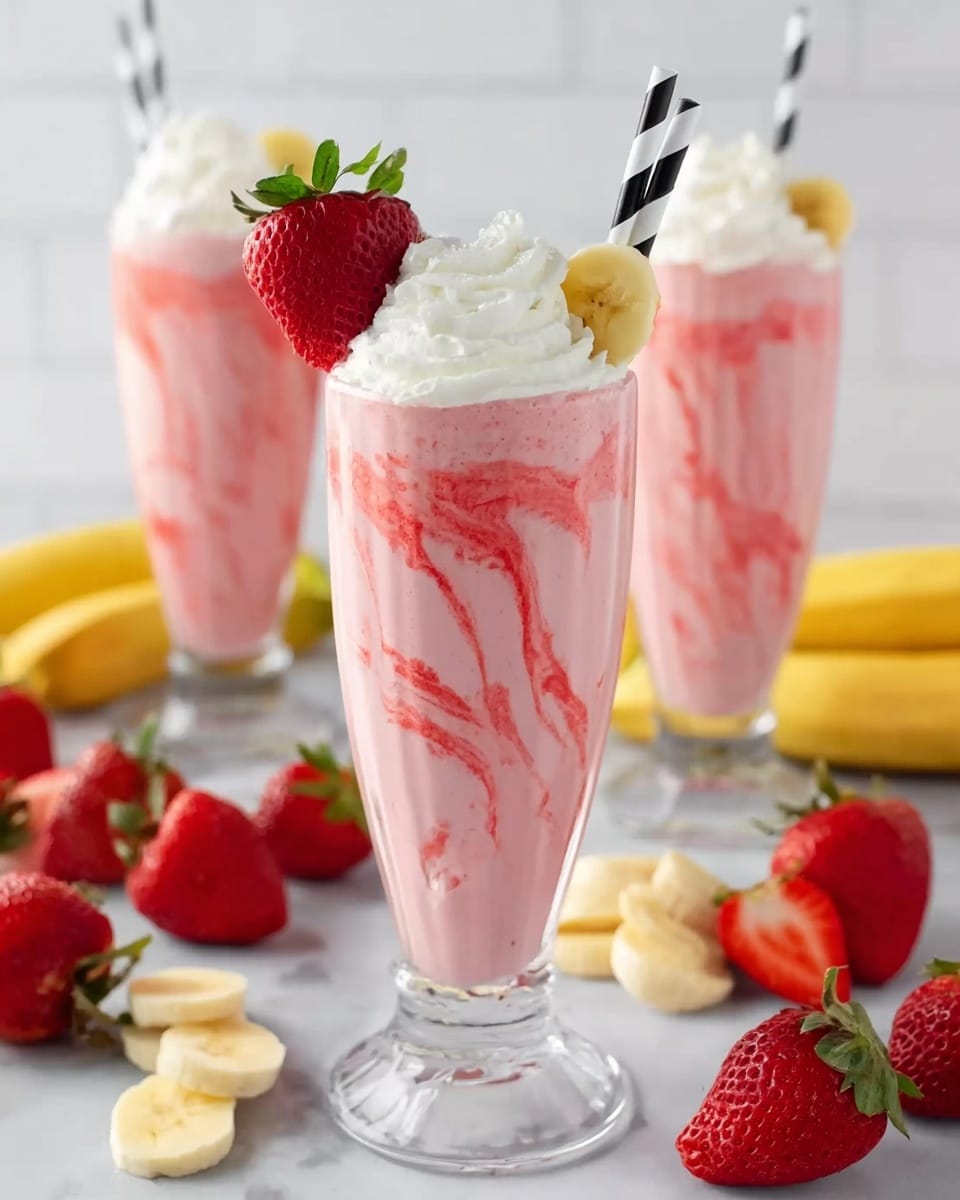 A tall clear glass filled with a pink smoothie featuring red swirls inside and topped with a layer of white whipped cream that has a soft, fluffy texture; a banana slice is placed on the side at the top of the whipped cream, along with a whole red strawberry with green leaves, and a black and white striped straw standing upright beside the toppings. The smoothie glass stands on a white marbled surface surrounded by fresh strawberries, strawberries sliced in half, whole bananas, and banana pieces. In the background, two more similar smoothie glasses are visible, each topped with whipped cream and a strawberry. photo taken with an iphone --ar 4:5 --v 7